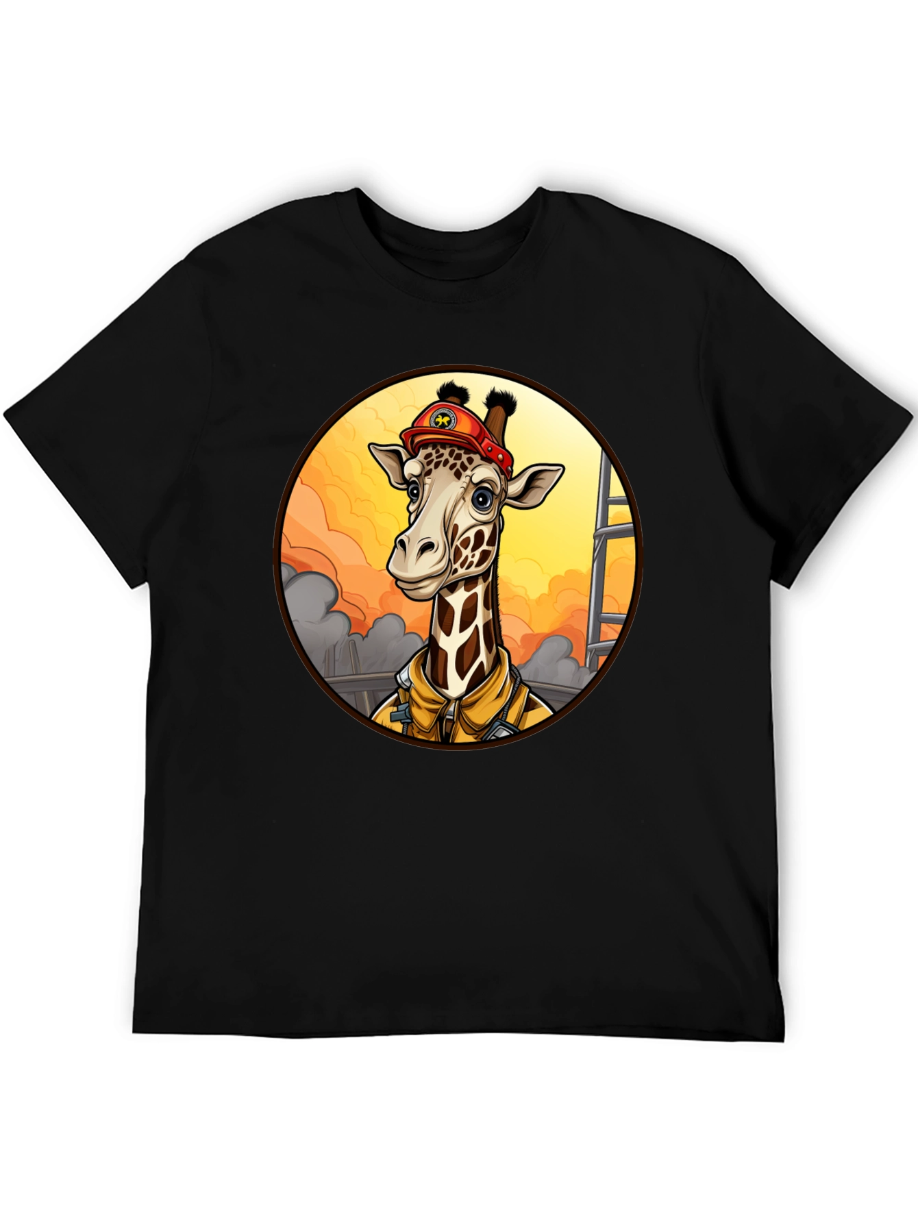 Giraffe Firefighter T-Shirt - Unique Cartoon Design