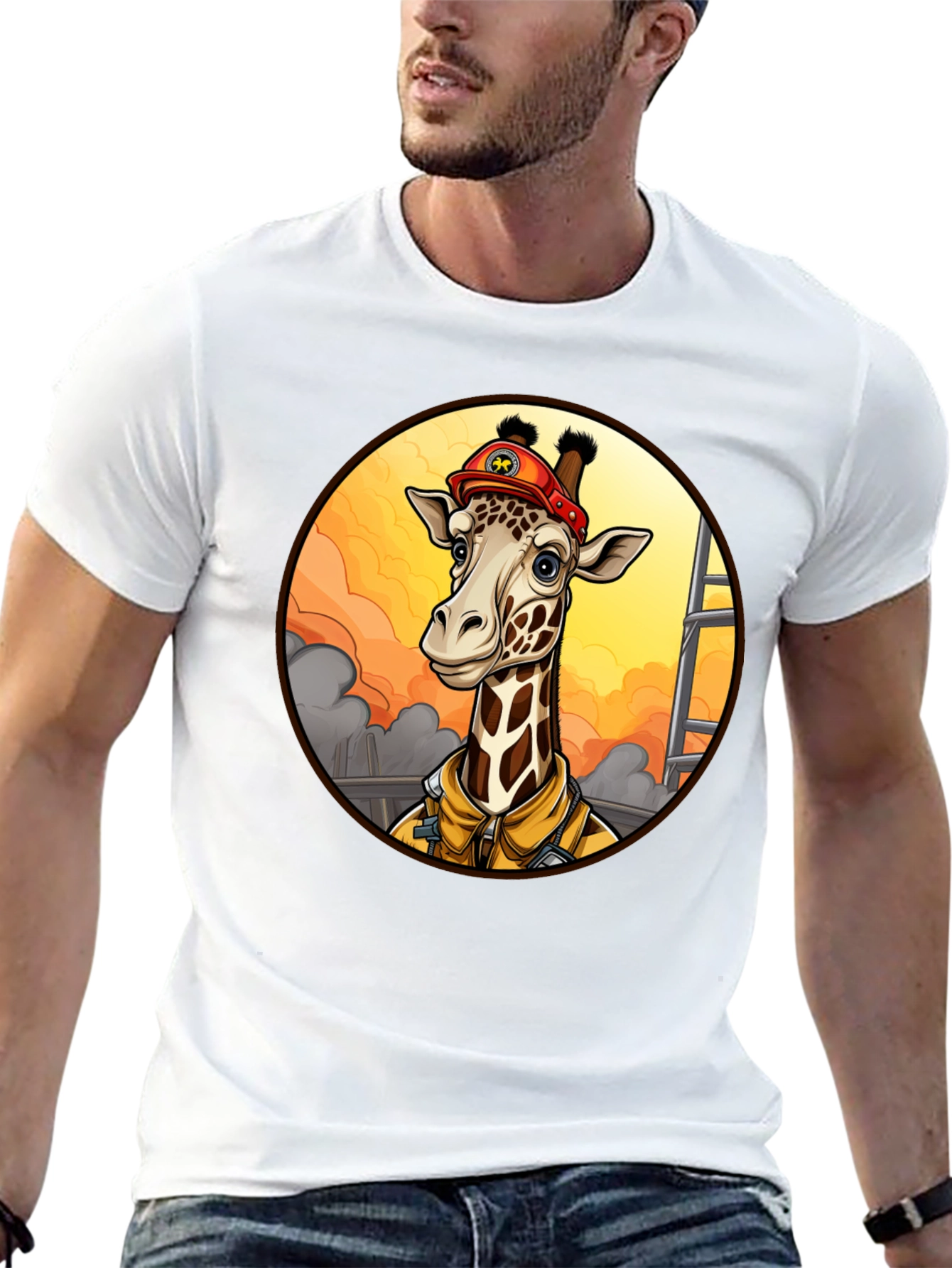 Giraffe Firefighter T-Shirt - Unique Cartoon Design