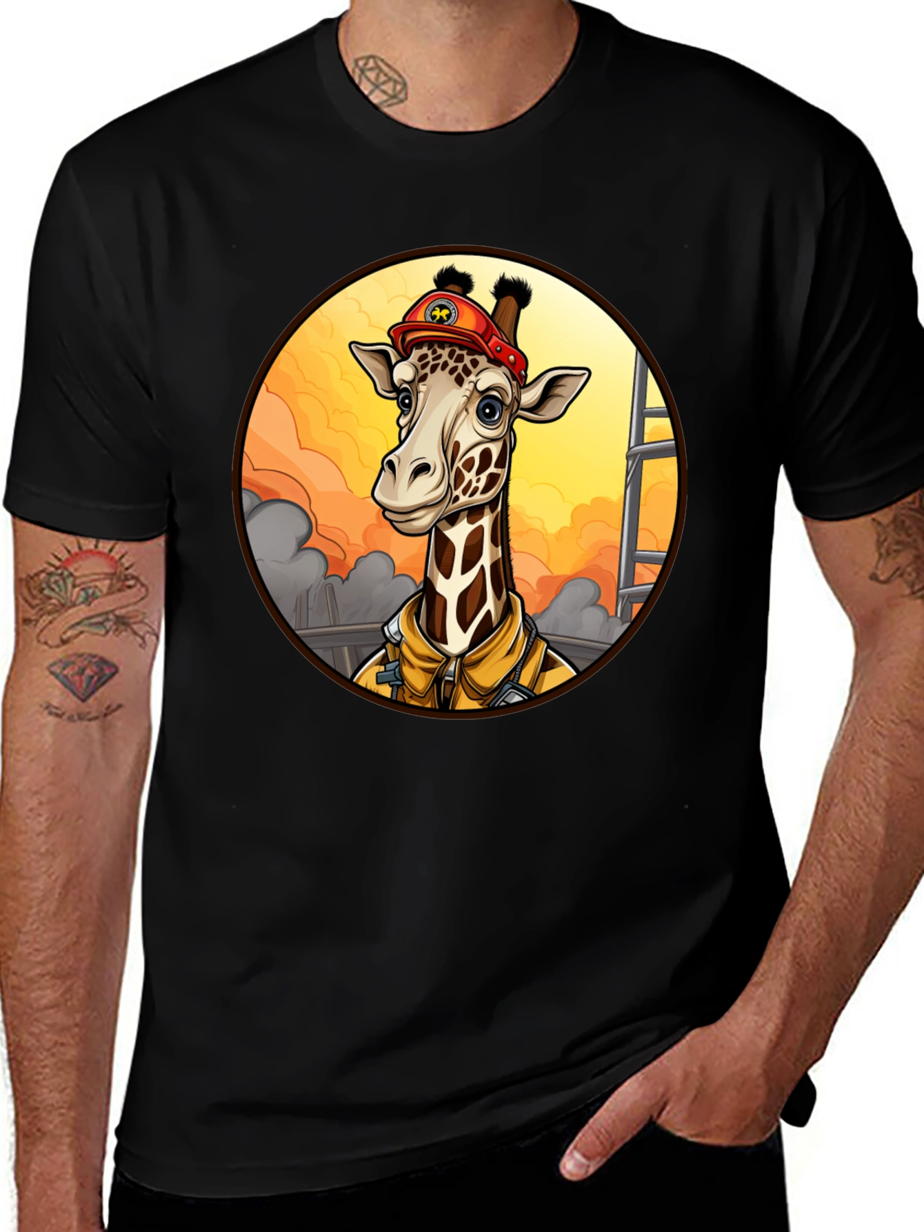 Giraffe Firefighter T-Shirt - Unique Cartoon Design