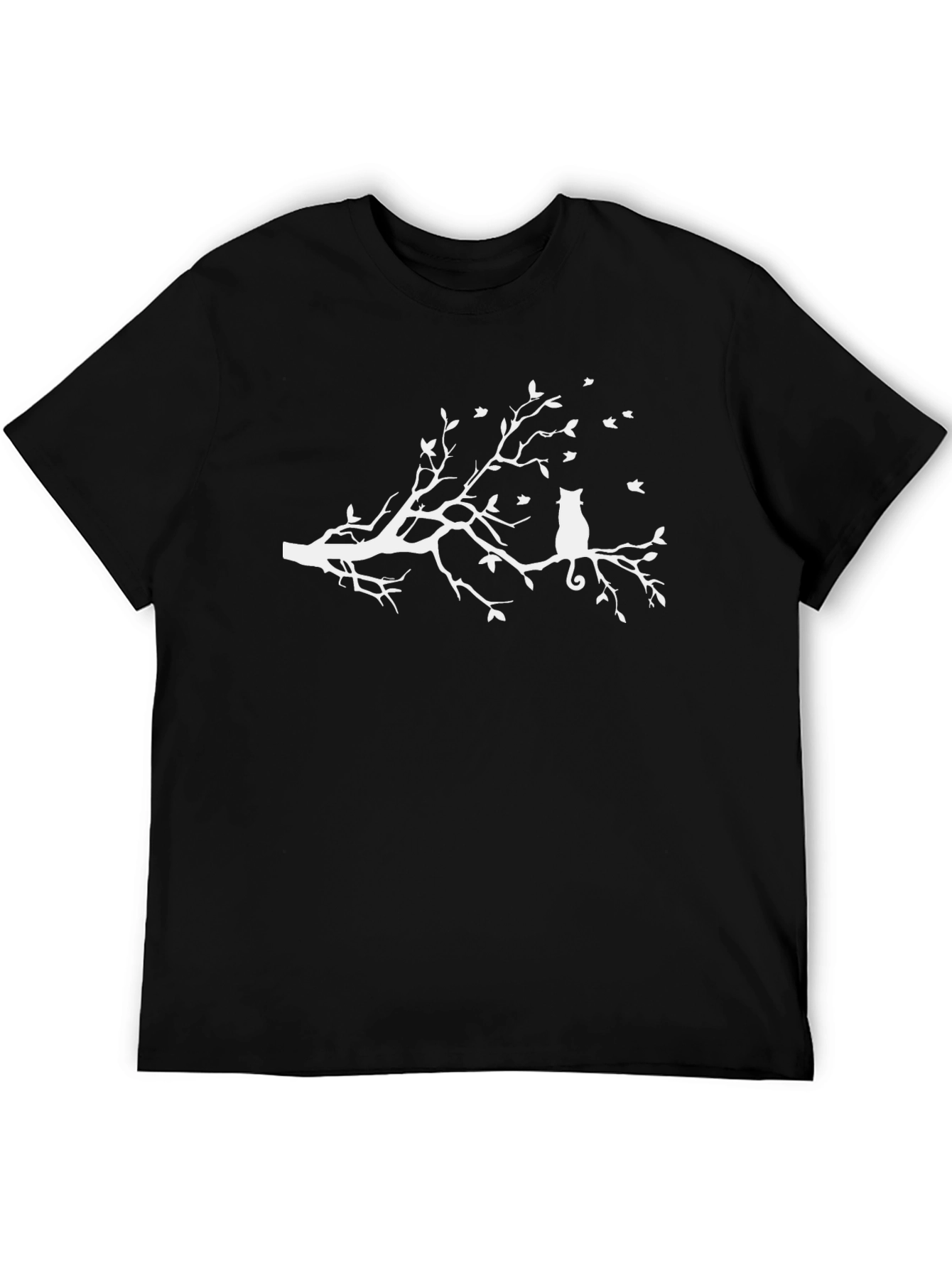 Cat on Branch Graphic Tee - Modern Black T-Shirt