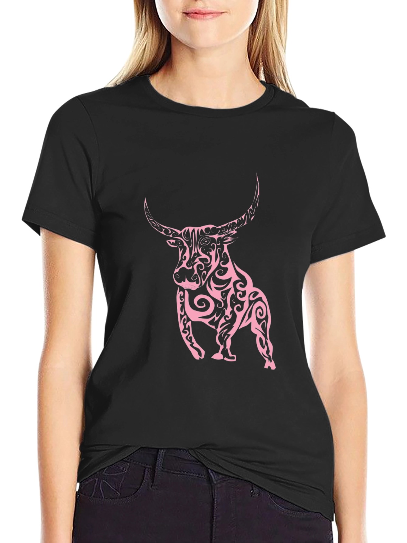 Black Tee with Tribal Bull Design