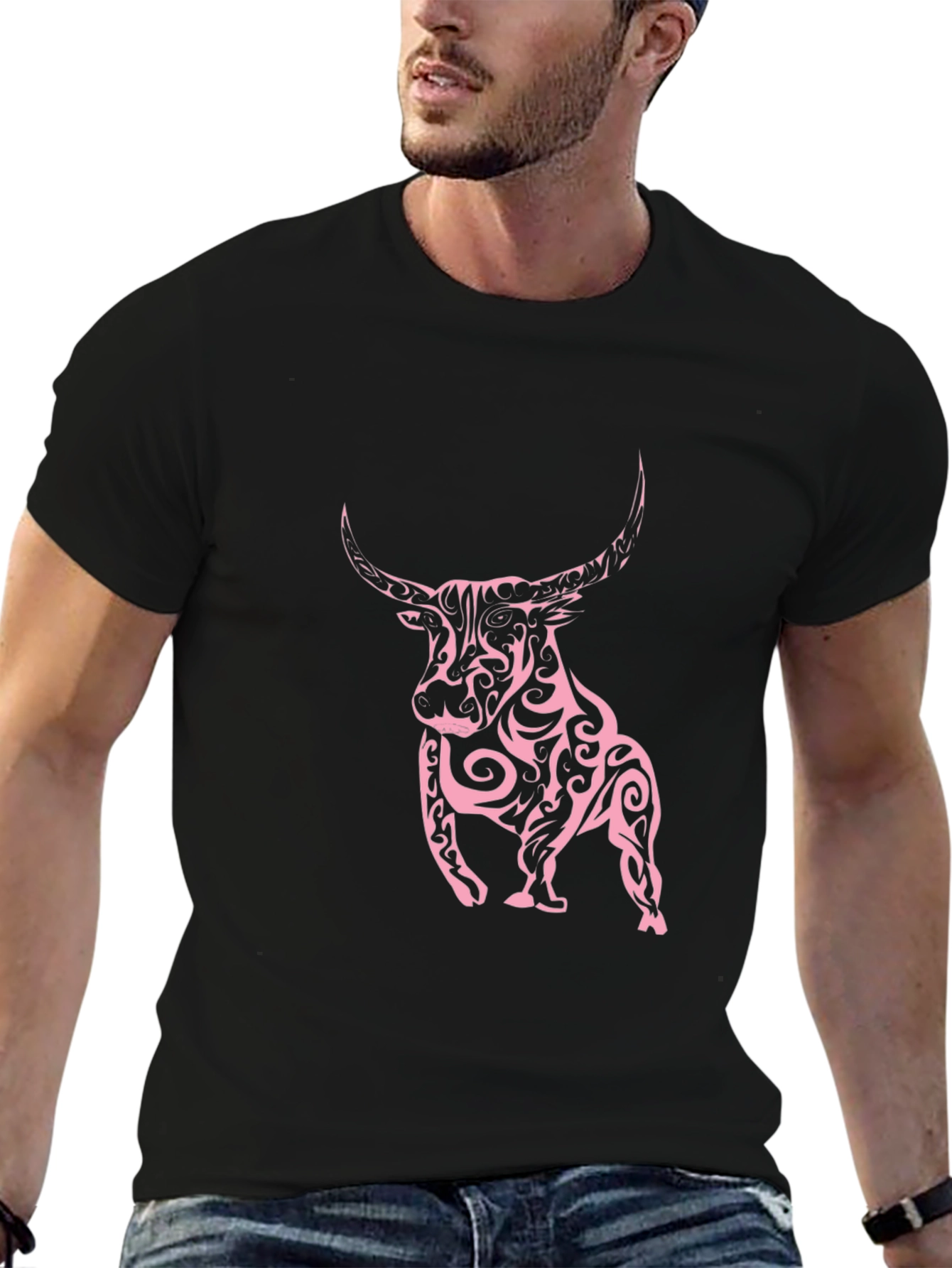 Black Tee with Tribal Bull Design