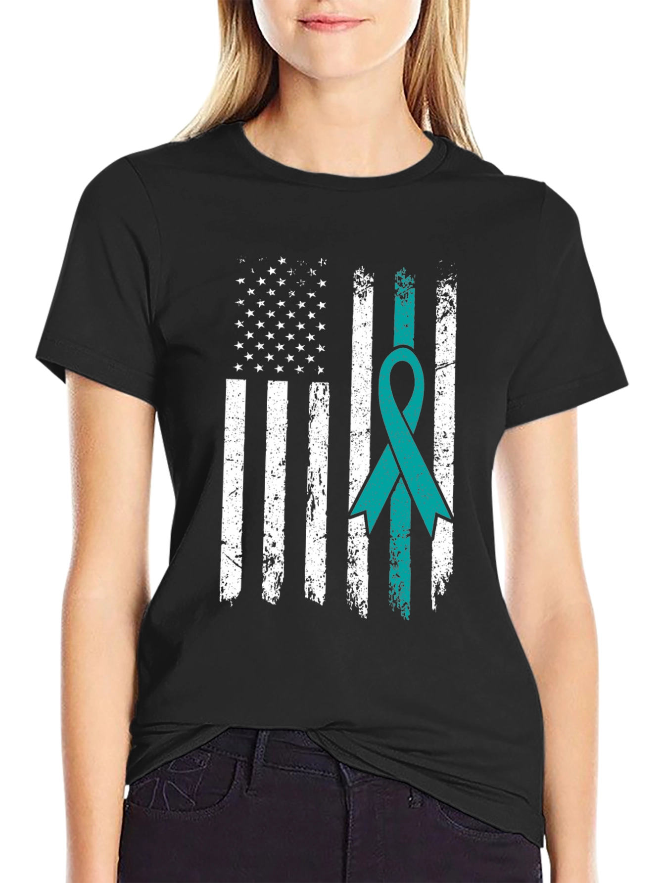 Distressed American Flag Awareness Ribbon T-Shirt