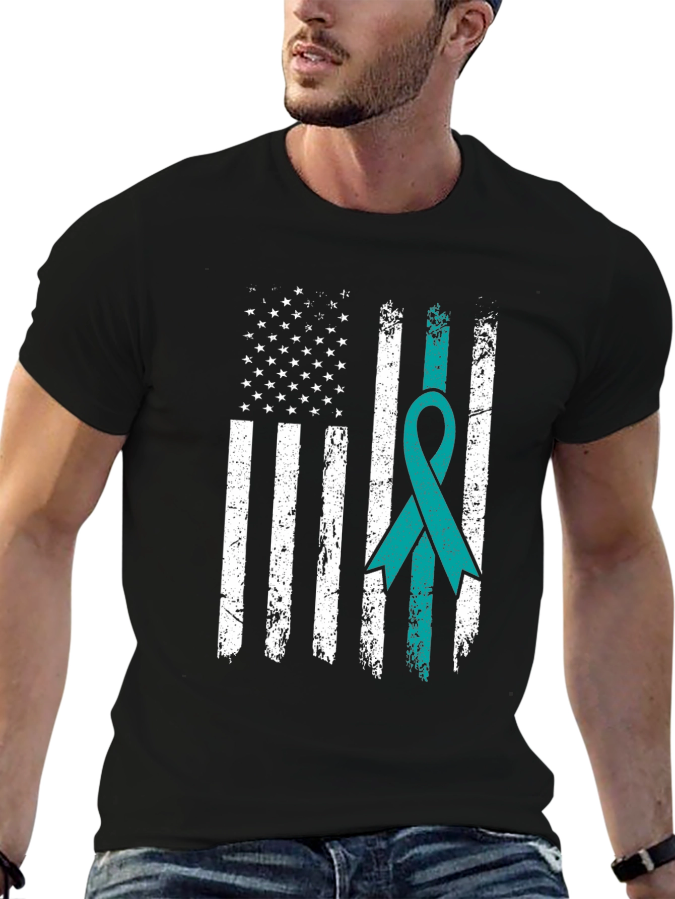Distressed American Flag Awareness Ribbon T-Shirt