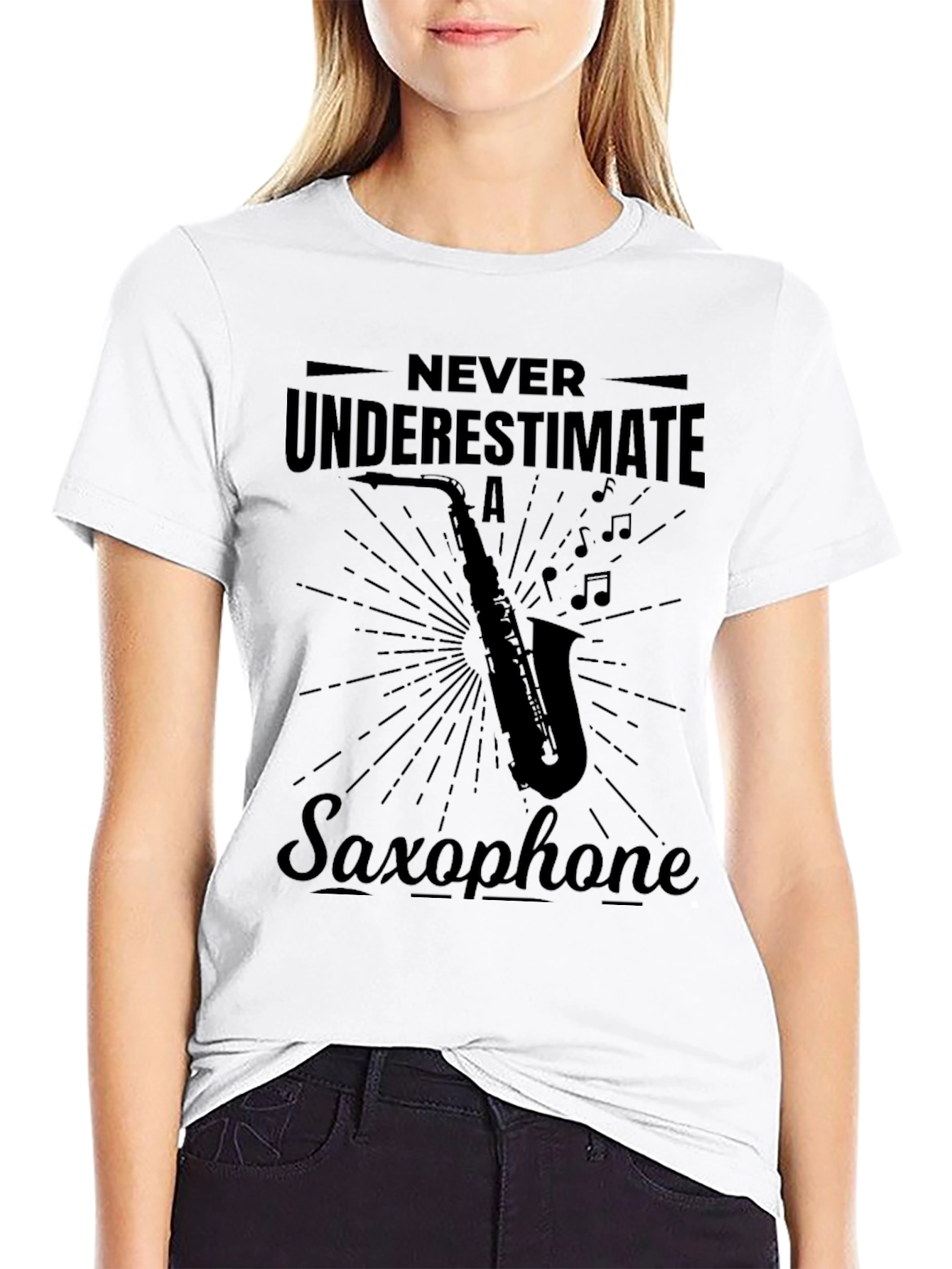 Never Underestimate Saxophone Black Graphic Tee