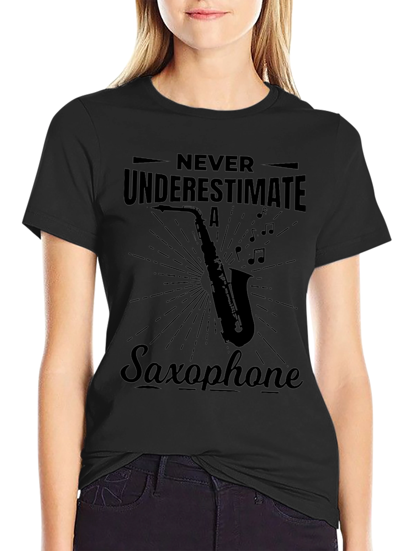 Never Underestimate Saxophone Black Graphic Tee