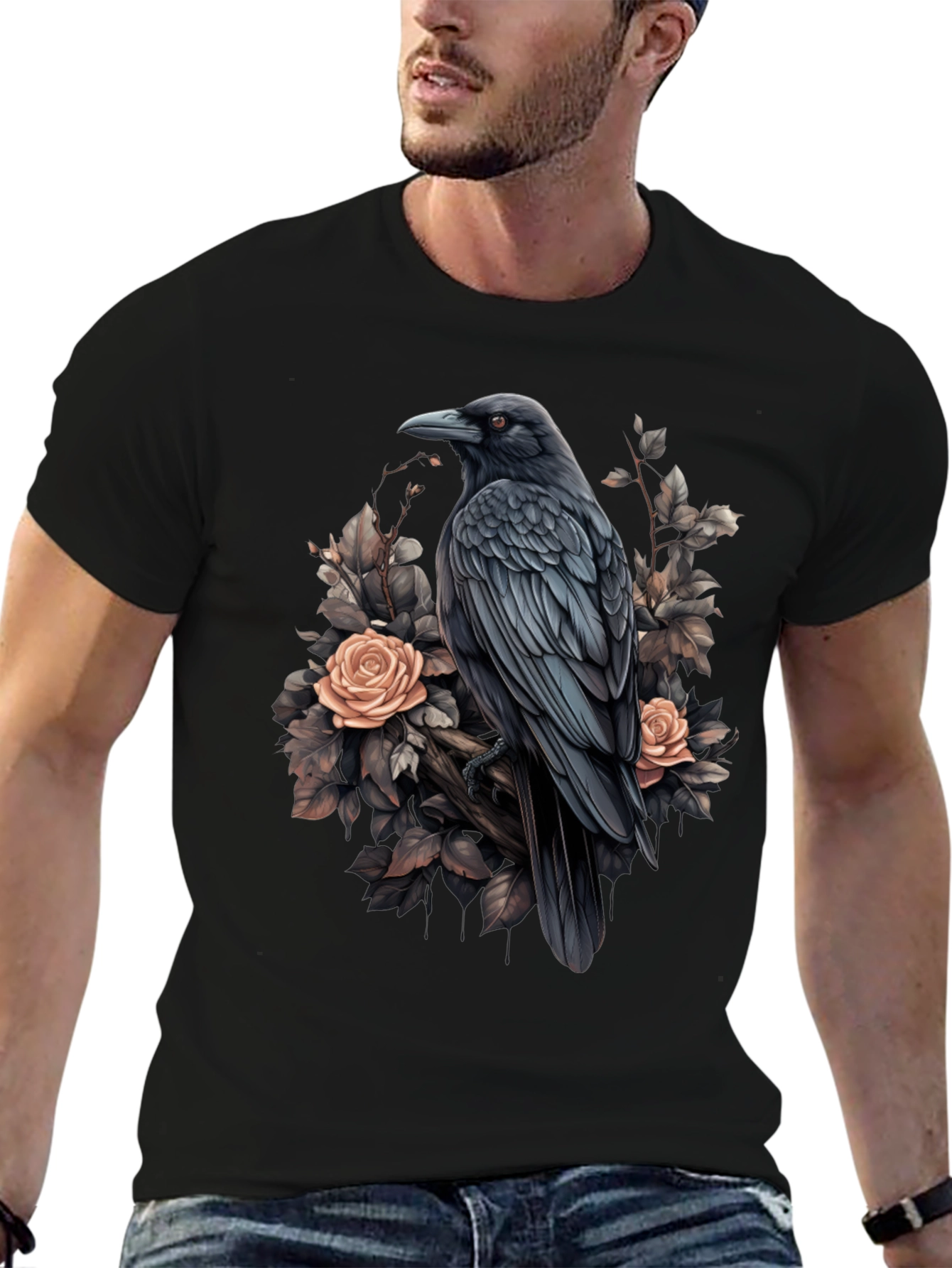 Raven & Roses Graphic T-Shirt - Stylish Bird Design