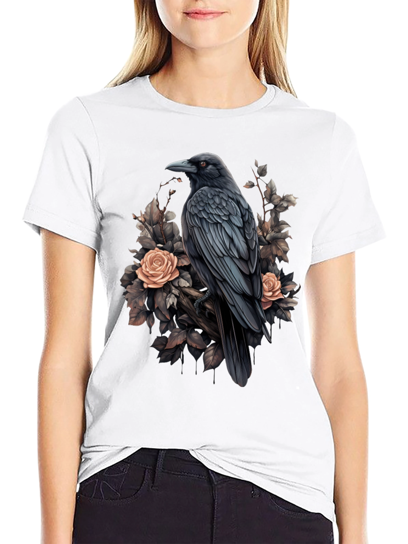 Raven & Roses Graphic T-Shirt - Stylish Bird Design