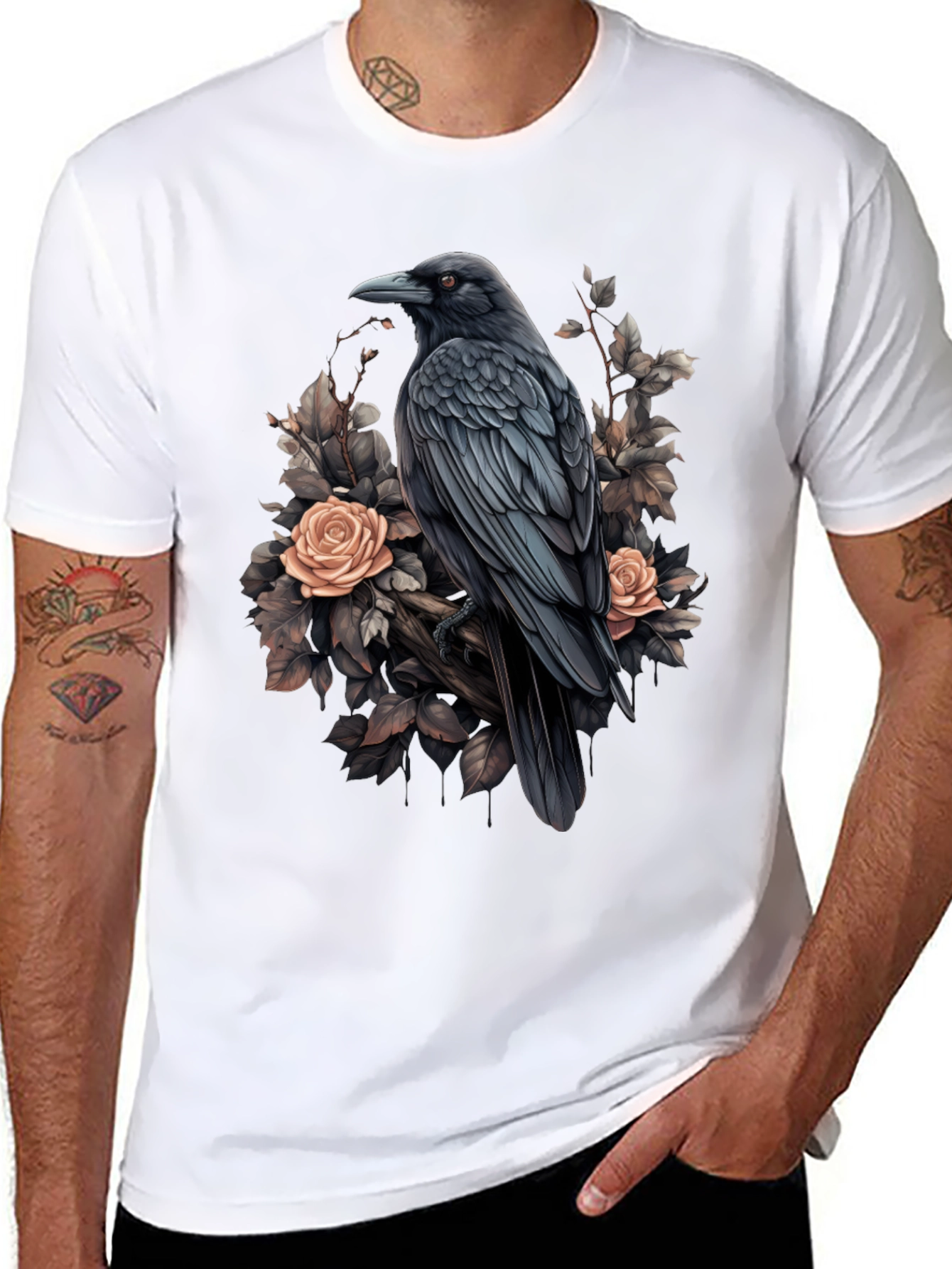 Raven & Roses Graphic T-Shirt - Stylish Bird Design