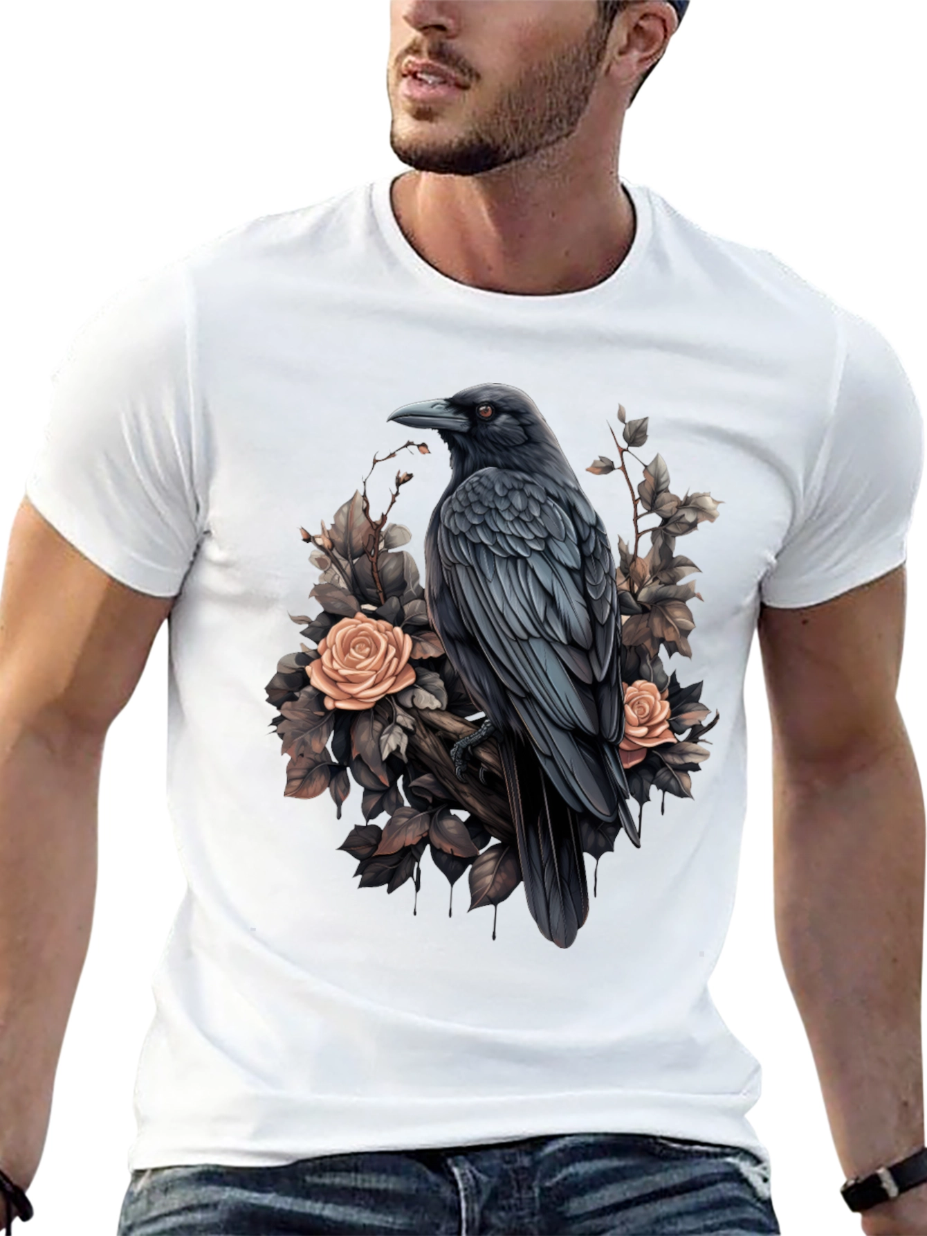 Raven & Roses Graphic T-Shirt - Stylish Bird Design