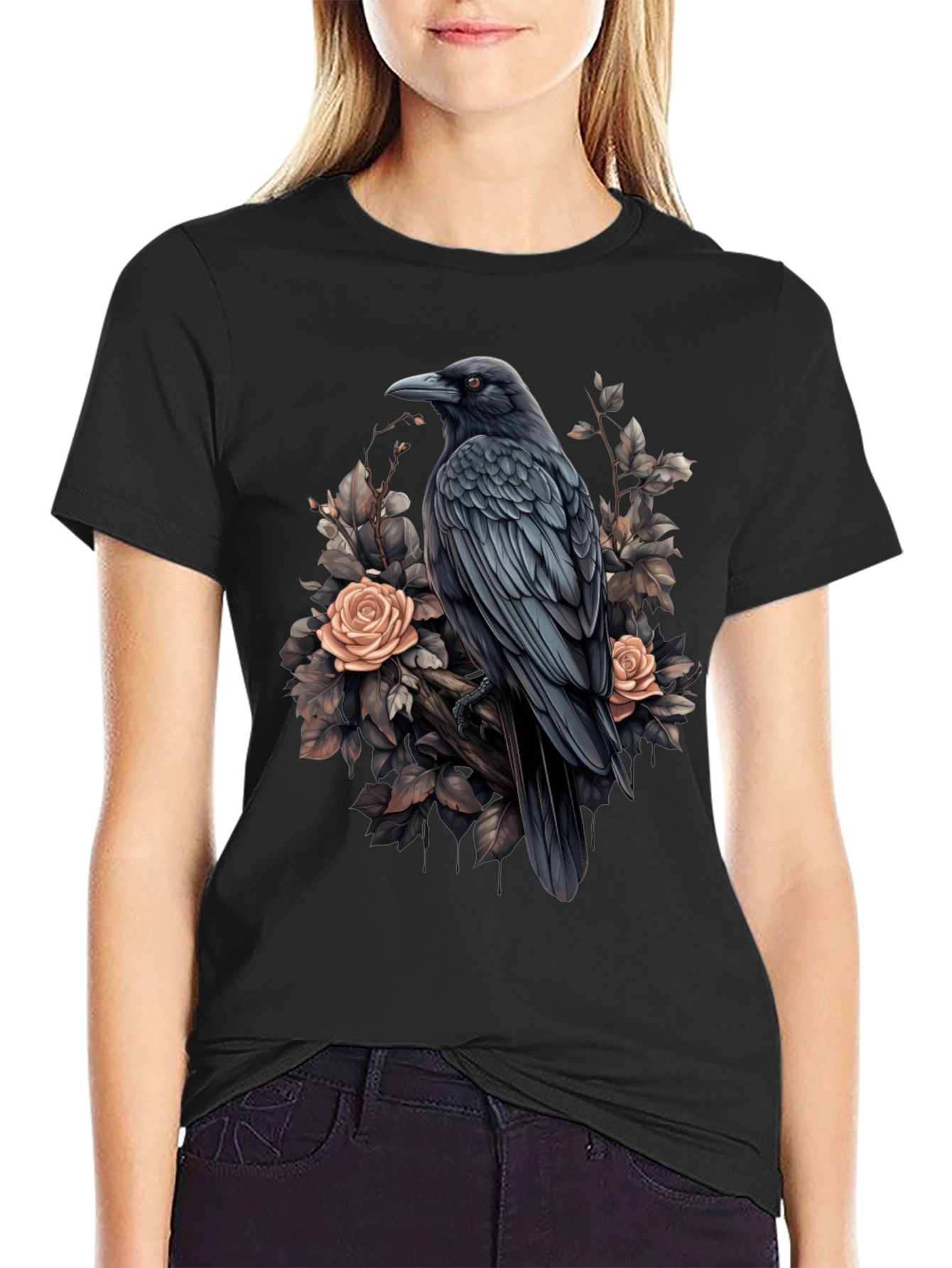 Raven & Roses Graphic T-Shirt - Stylish Bird Design