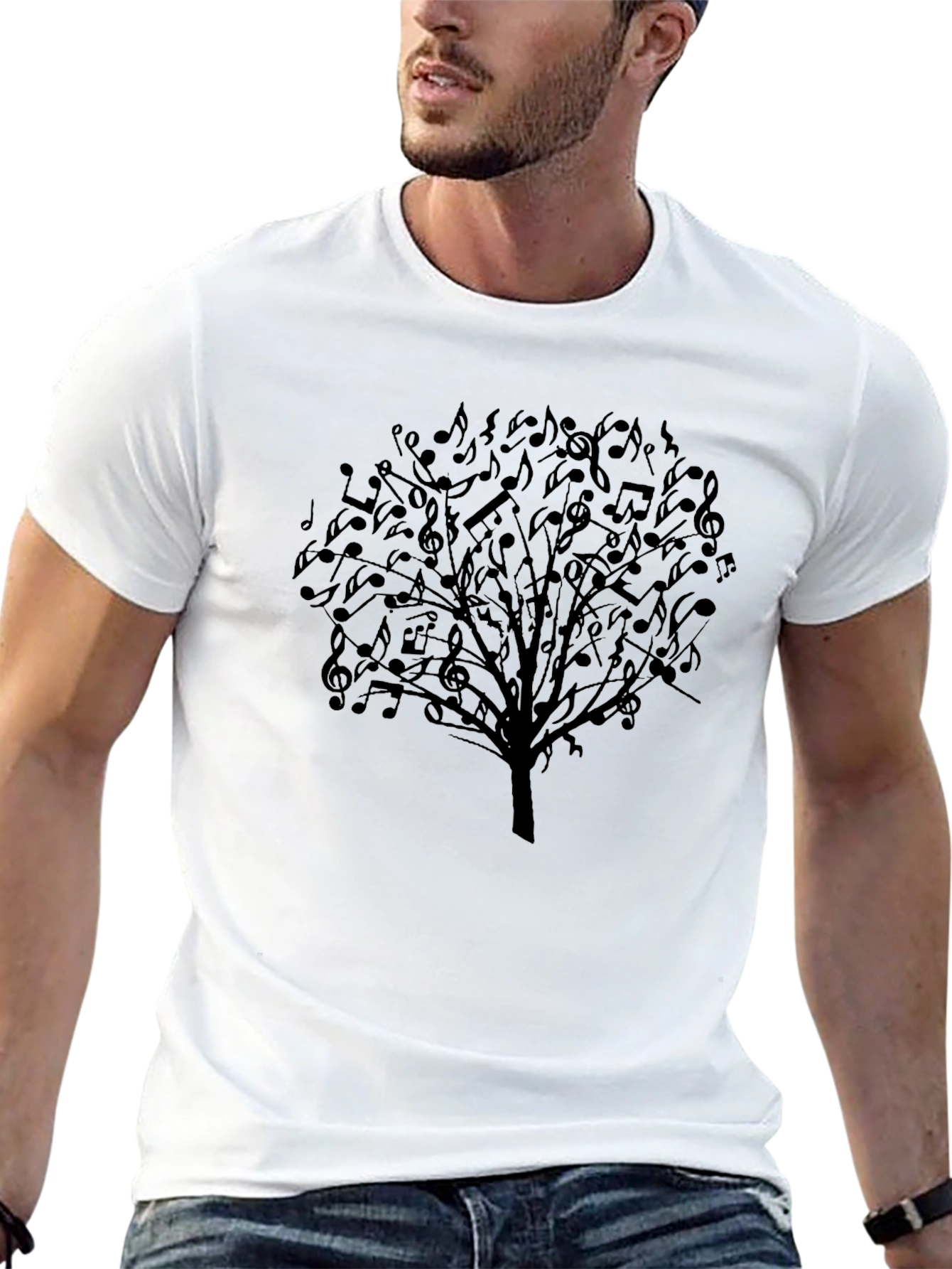 Musical Notes Tree Graphic Tee - Black Cotton T-Shirt