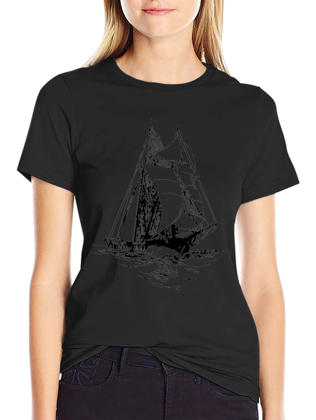 Black Sailboat Graphic Tee - Classic Nautical Style