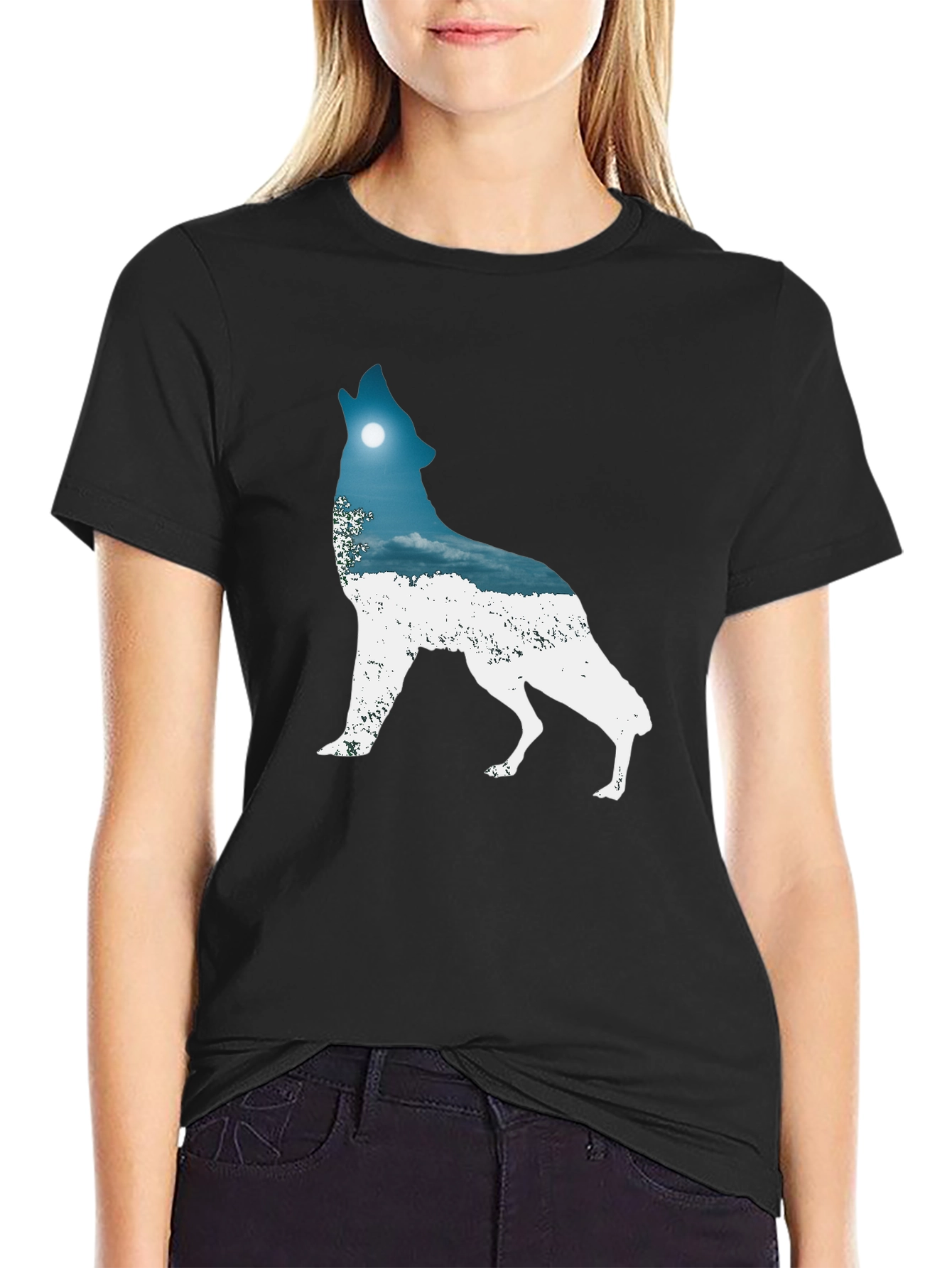 Wolf Howling Moon Graphic Tee - Black Cotton Blend