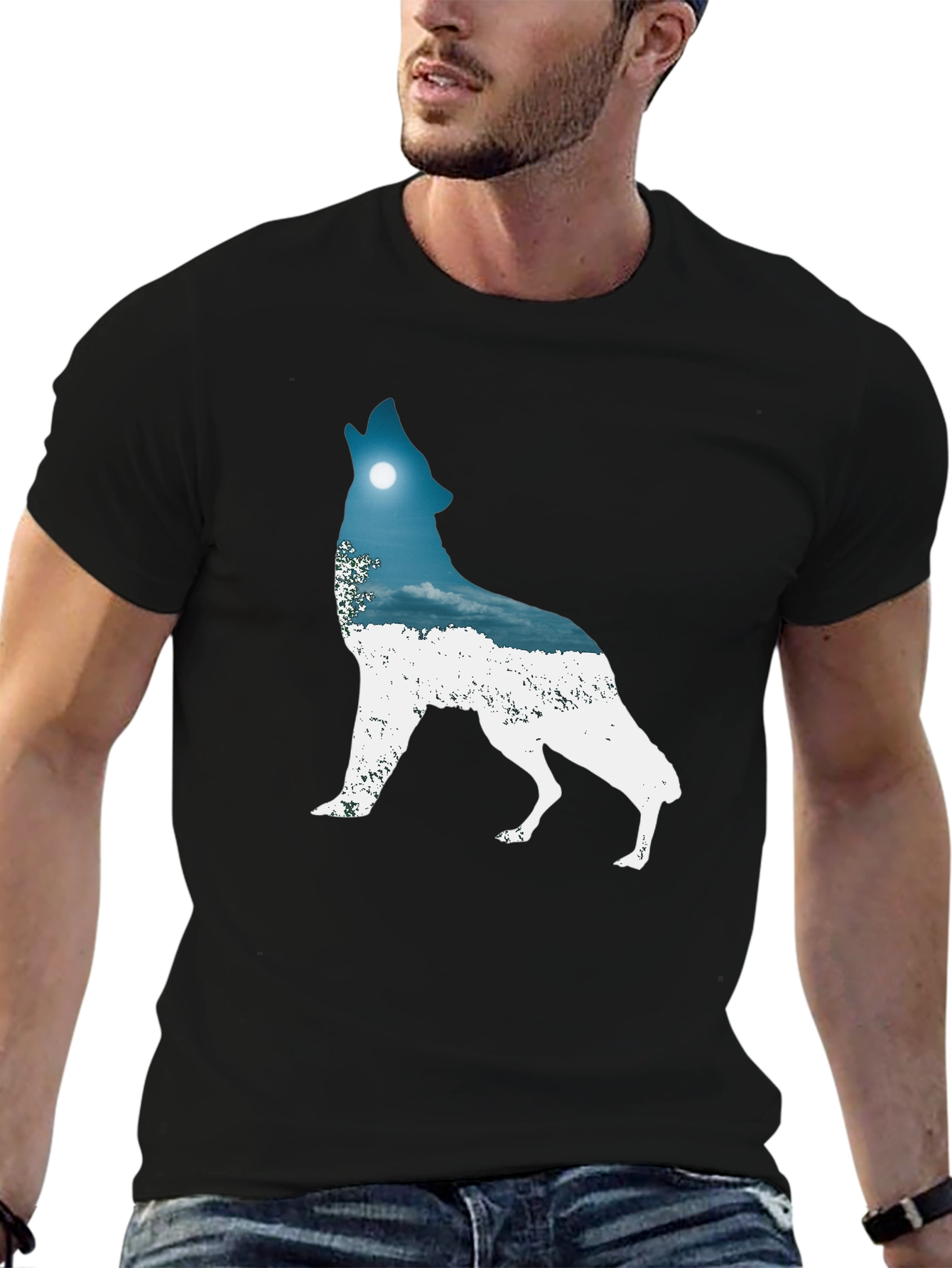 Wolf Howling Moon Graphic Tee - Black Cotton Blend