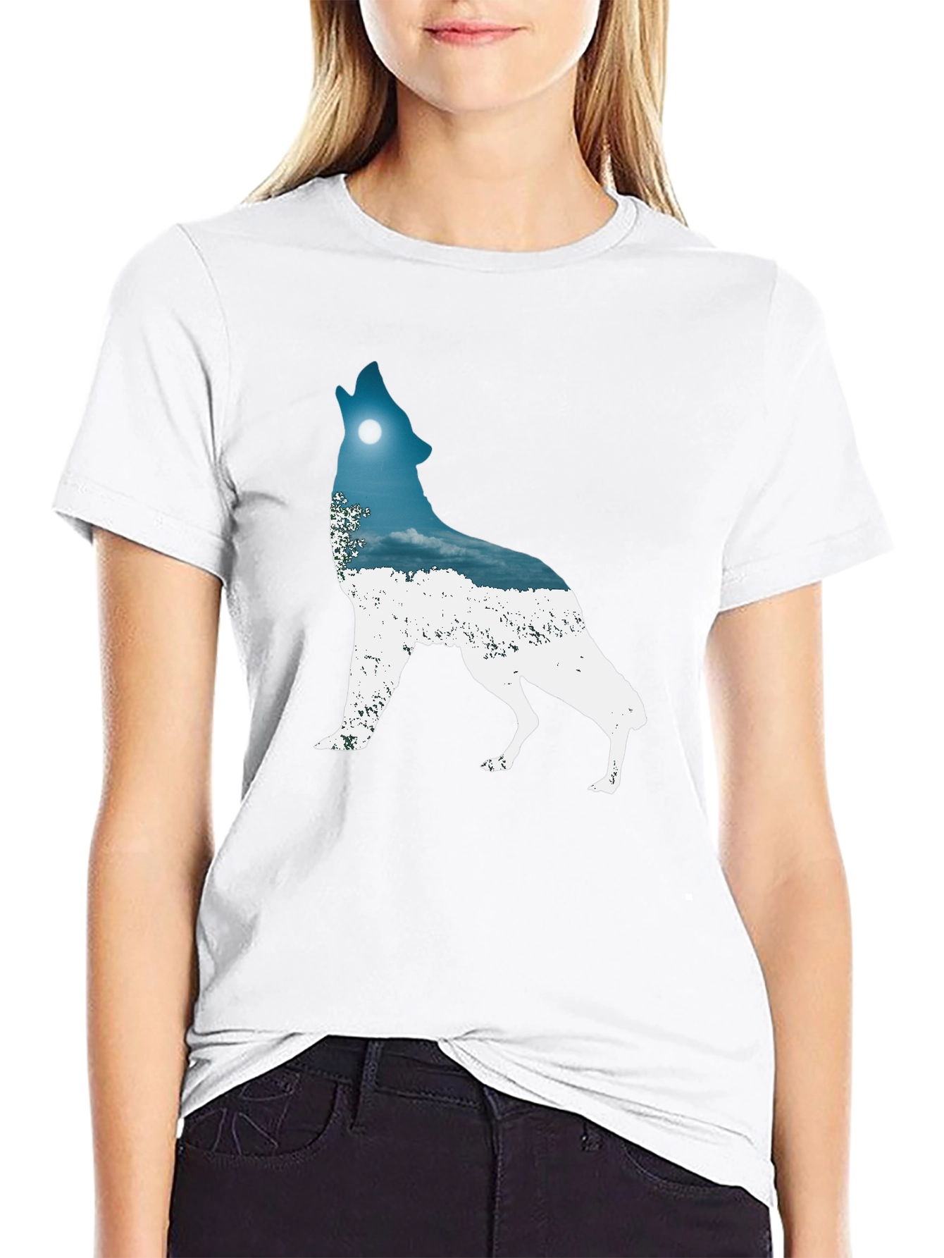 Wolf Howling Moon Graphic Tee - Black Cotton Blend