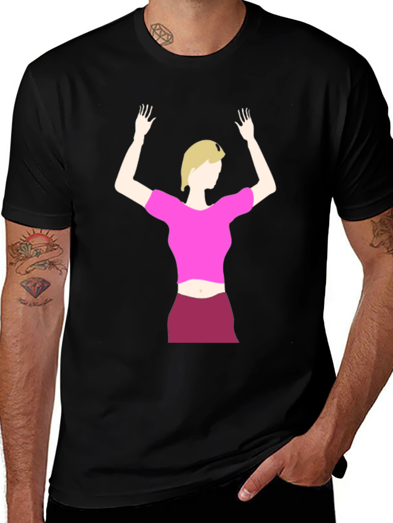 Illustrated Woman on Black T-Shirt