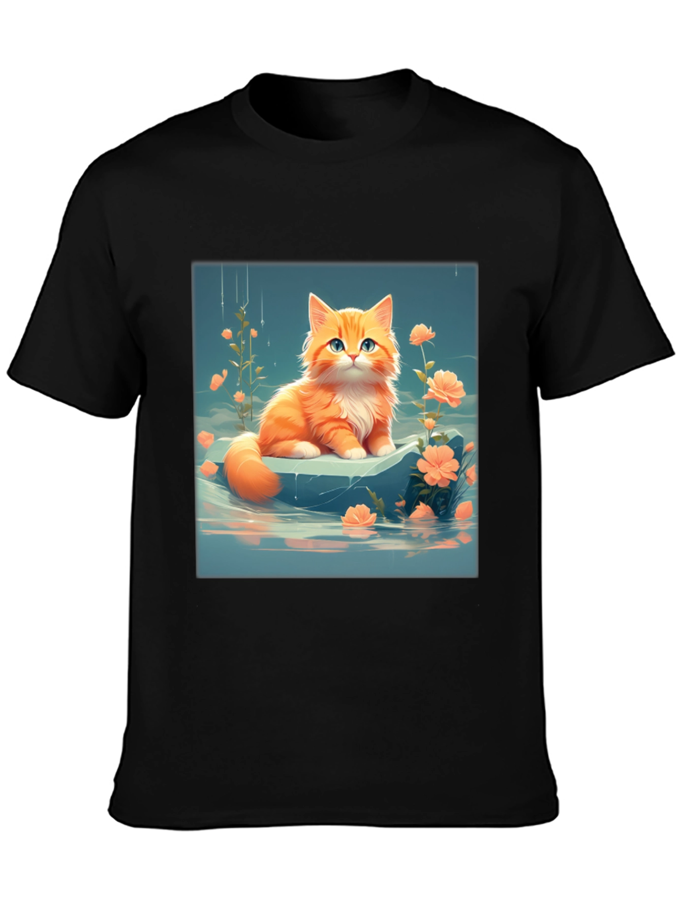 Cute Kitten & Flowers Graphic Black T-Shirt