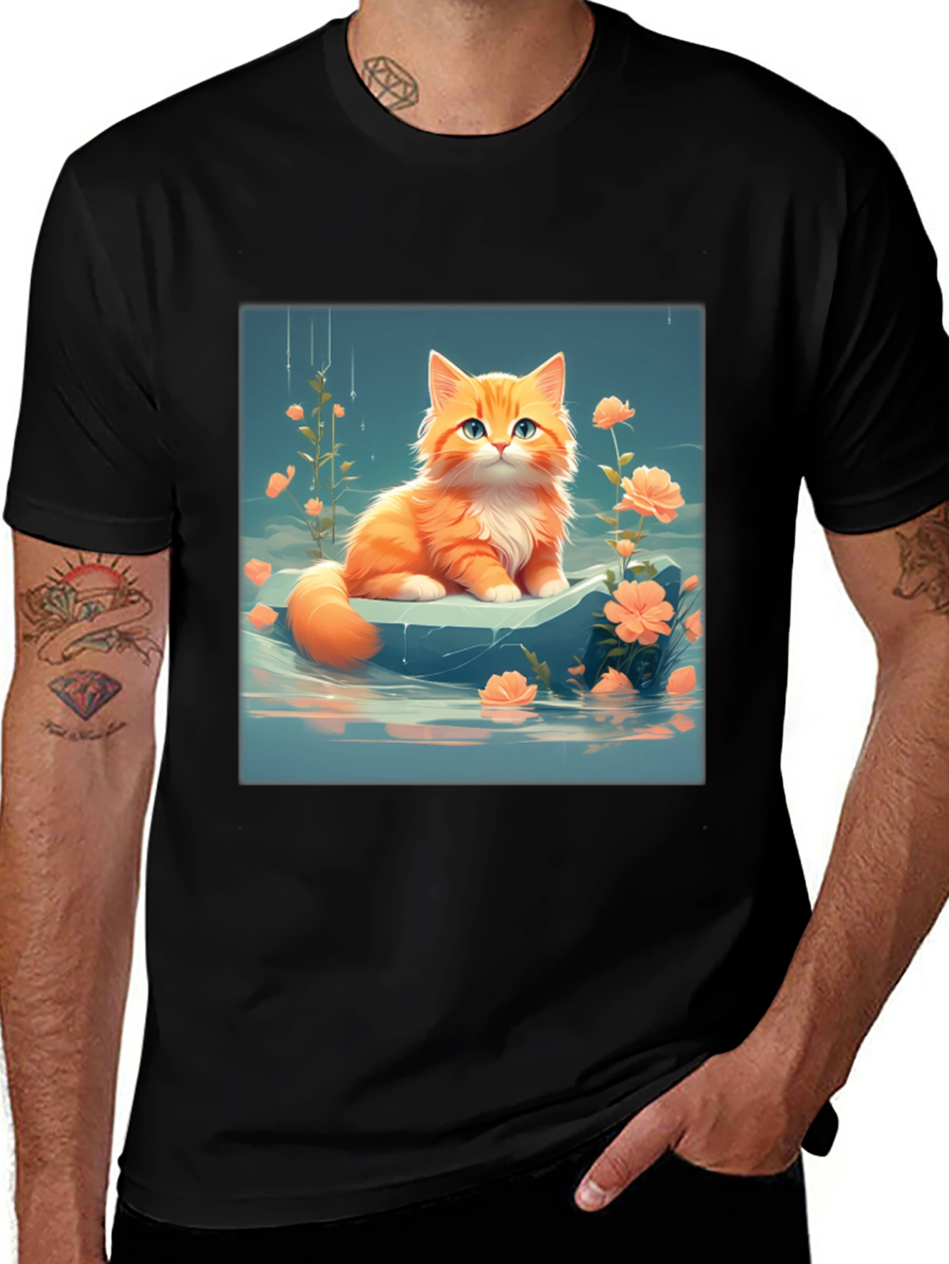Cute Kitten & Flowers Graphic Black T-Shirt
