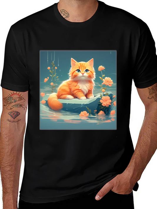 Cute Kitten & Flowers Graphic Black T-Shirt