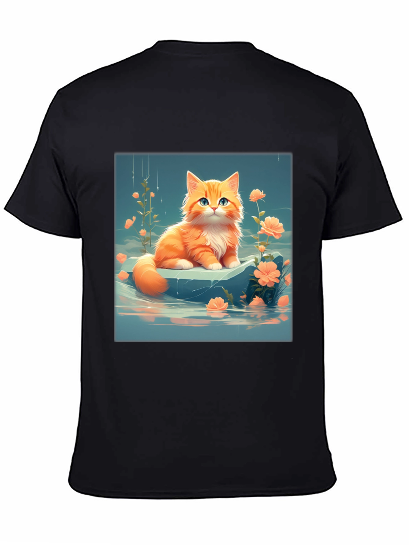 Cute Kitten & Flowers Graphic Black T-Shirt