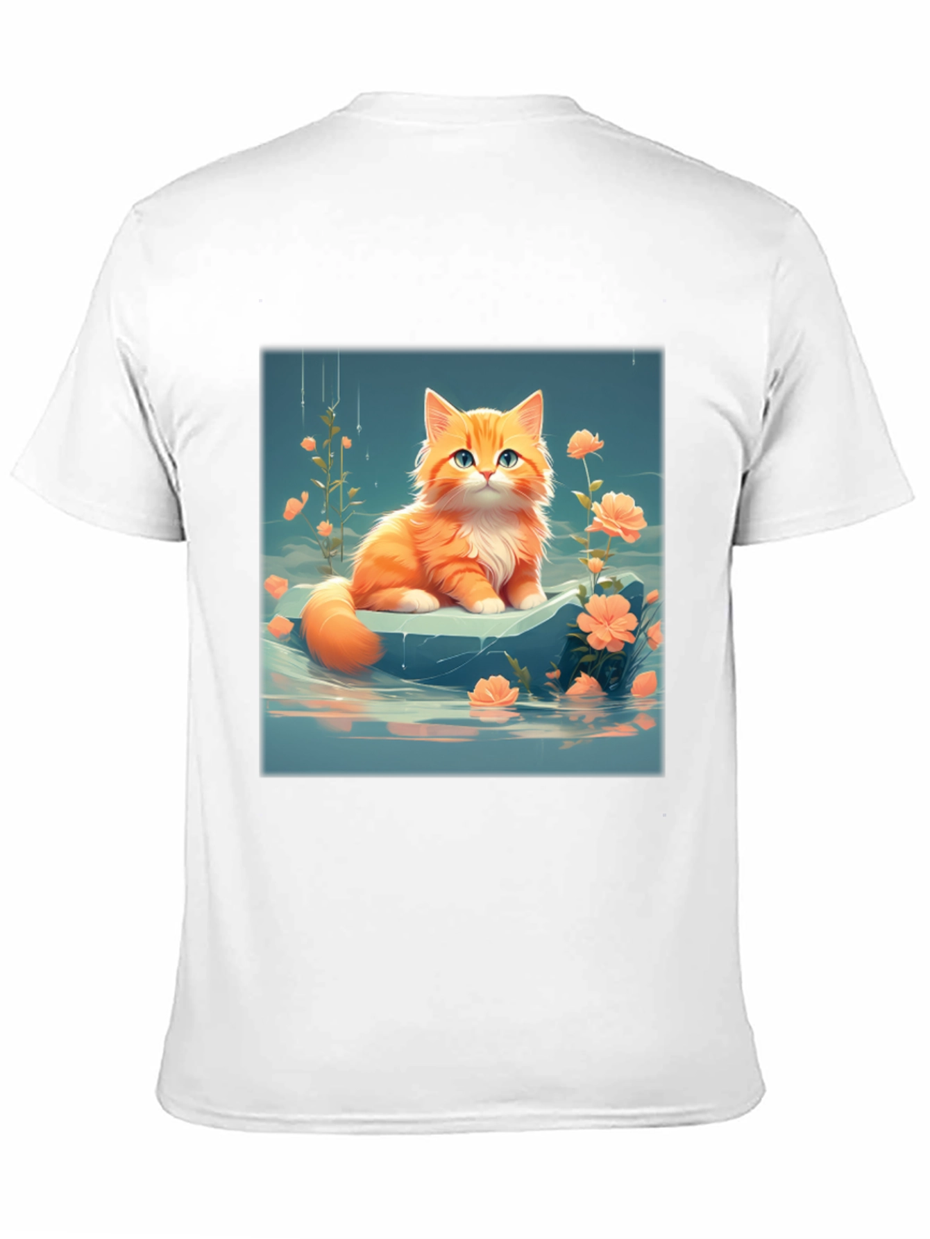 Cute Kitten & Flowers Graphic Black T-Shirt