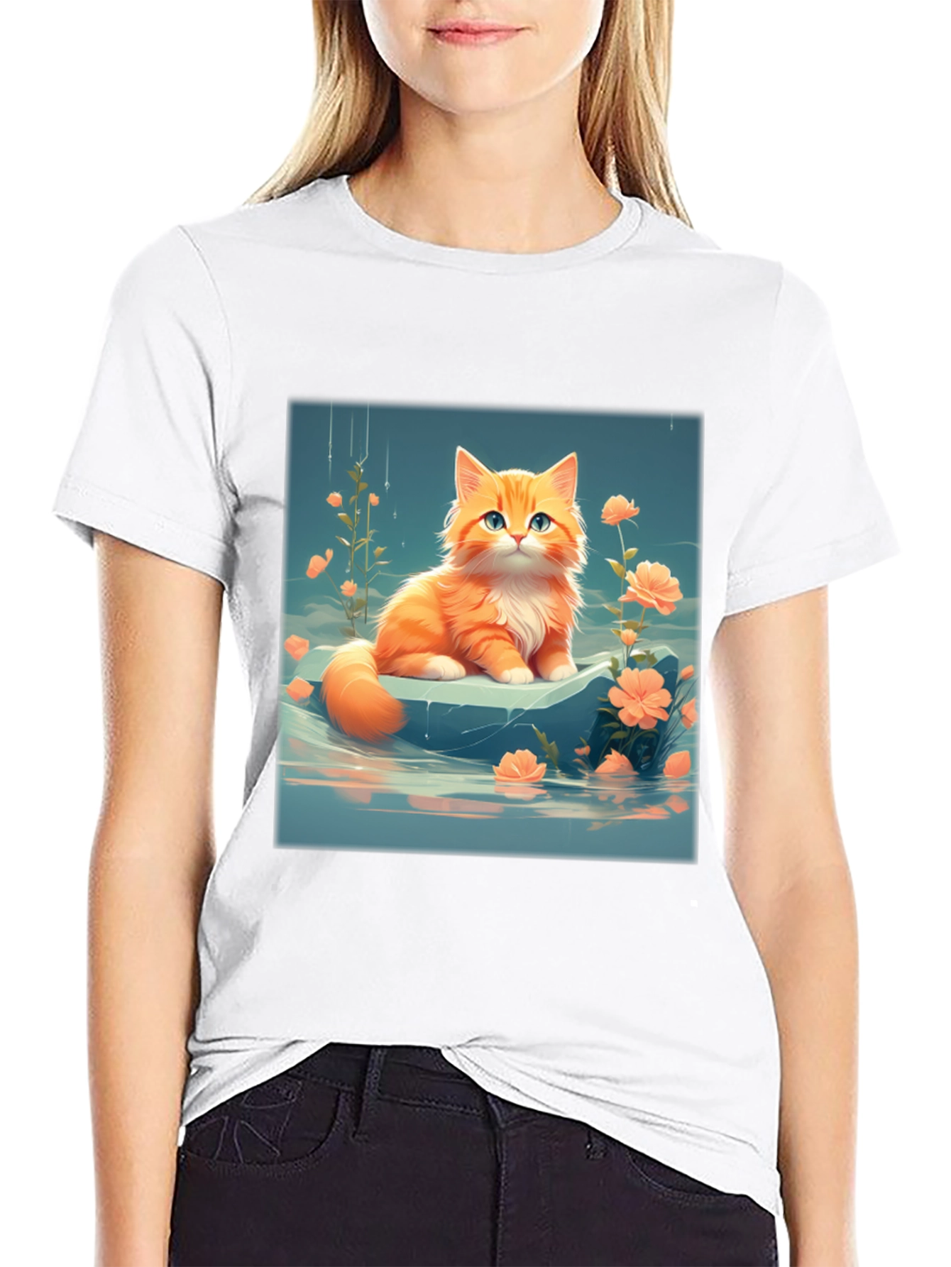 Cute Kitten & Flowers Graphic Black T-Shirt