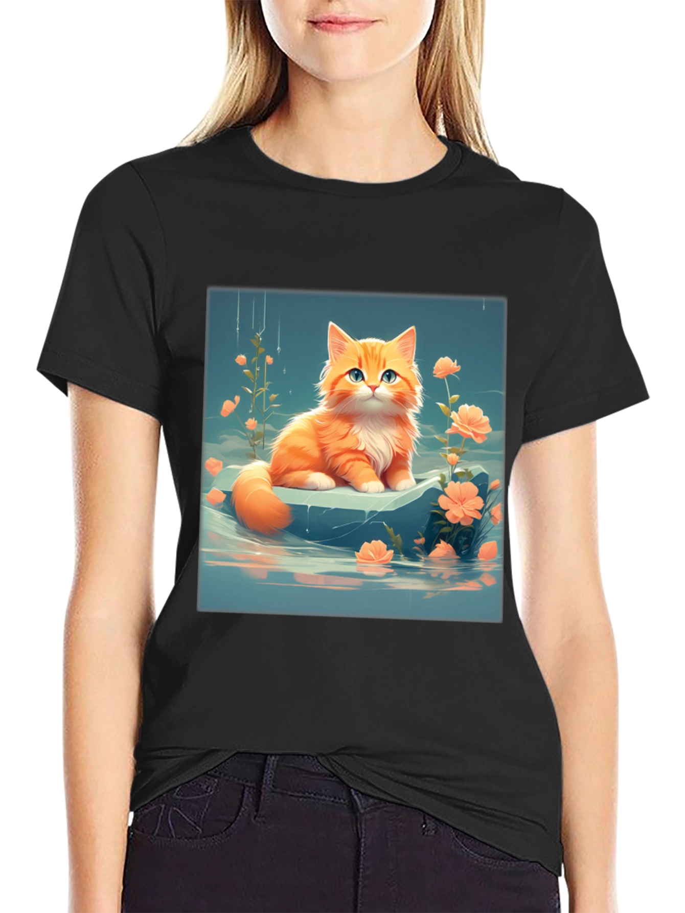 Cute Kitten & Flowers Graphic Black T-Shirt