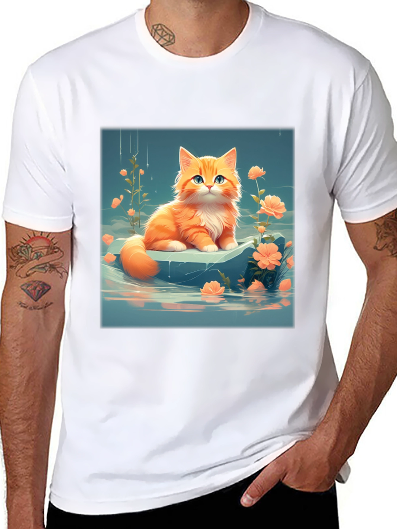 Cute Kitten & Flowers Graphic Black T-Shirt