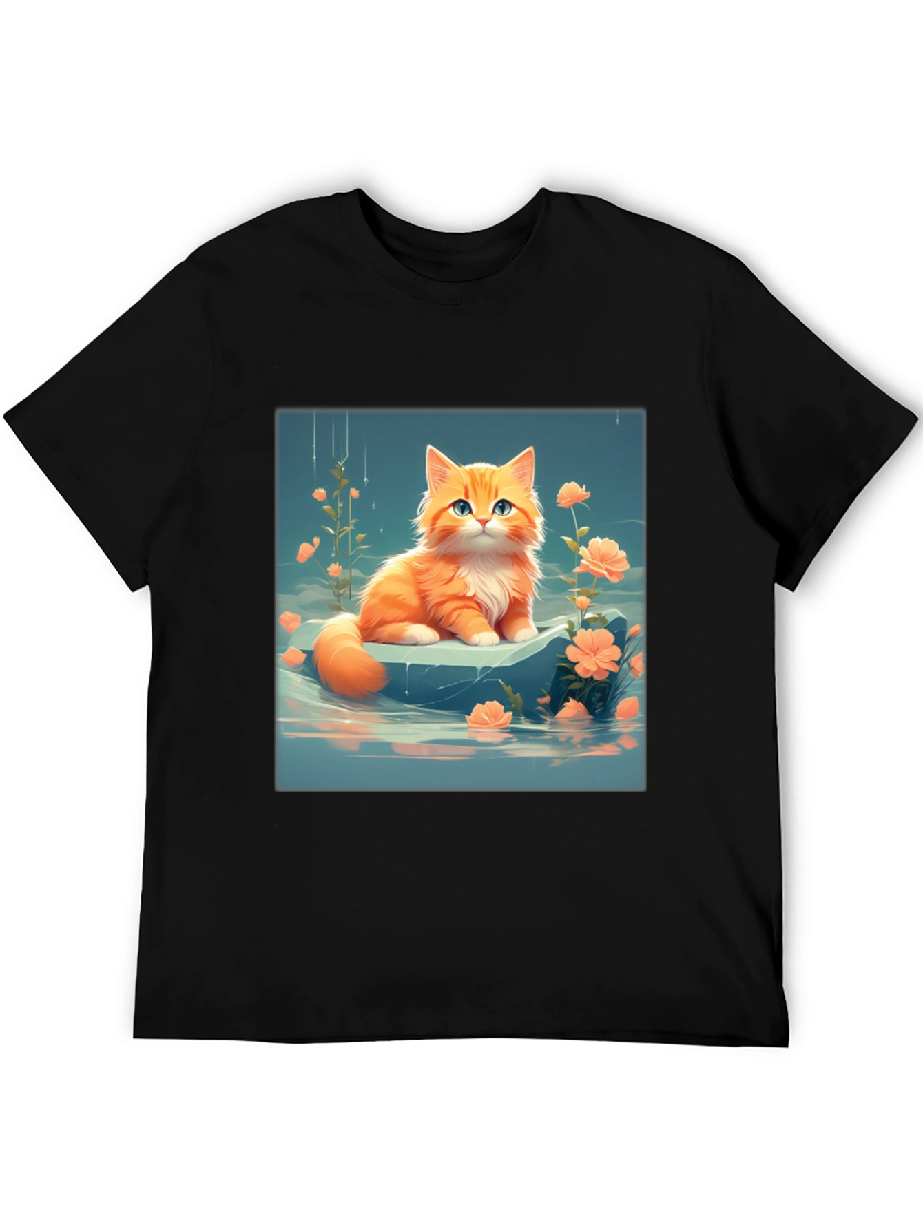 Cute Kitten & Flowers Graphic Black T-Shirt