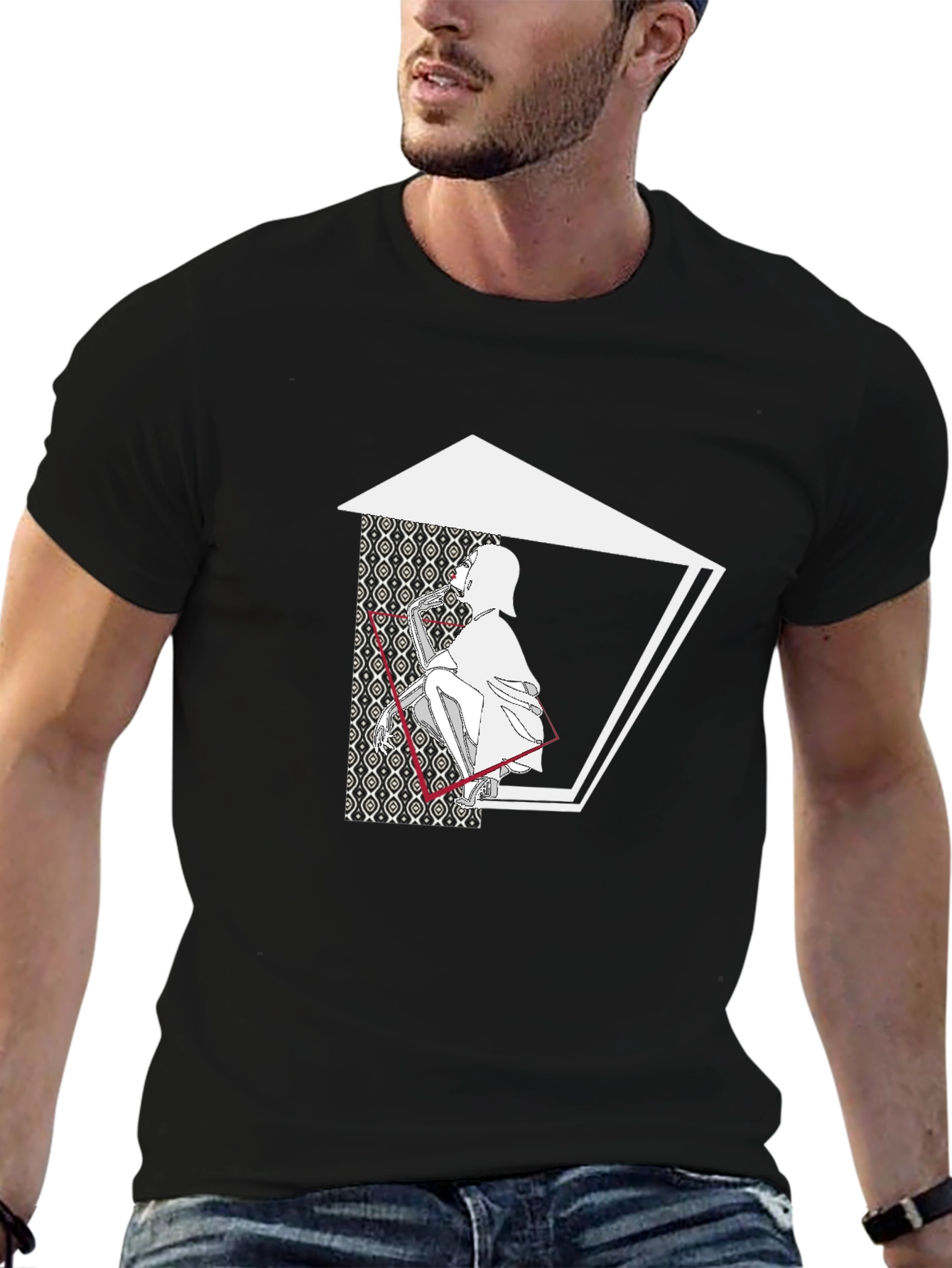 Abstract Graphic Print Black Cotton Blend Tee