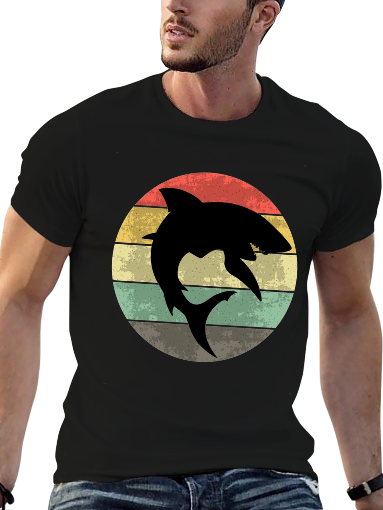 Retro Shark Graphic T-Shirt - Mens Black Tee