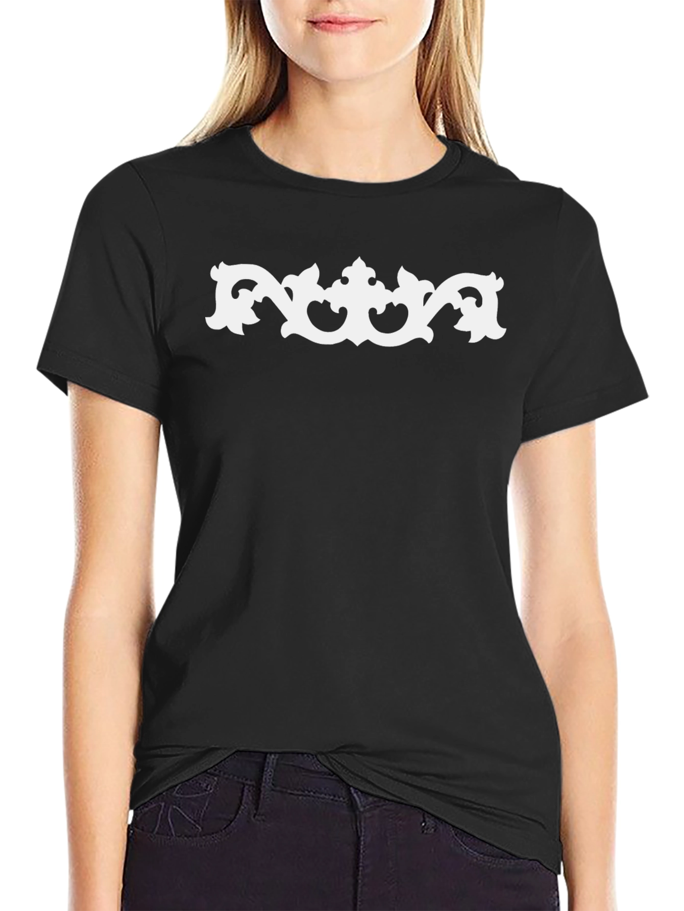 Stylish Black Tee with Ornate White Design