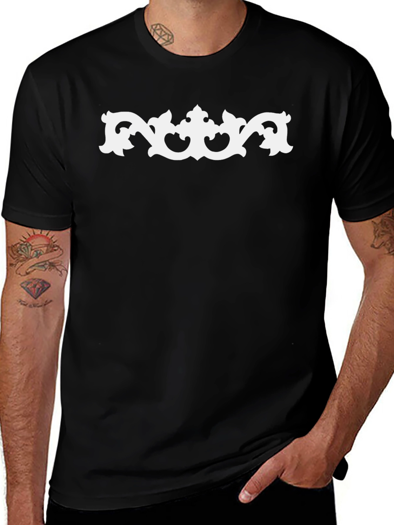 Stylish Black Tee with Ornate White Design