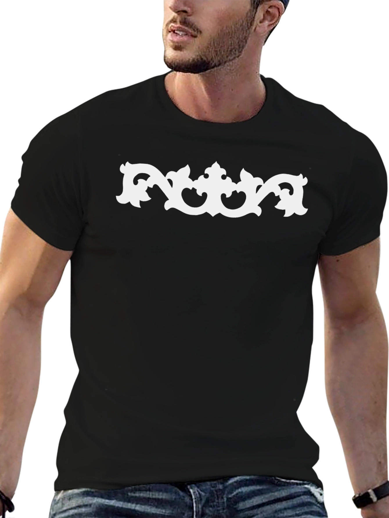 Stylish Black Tee with Ornate White Design