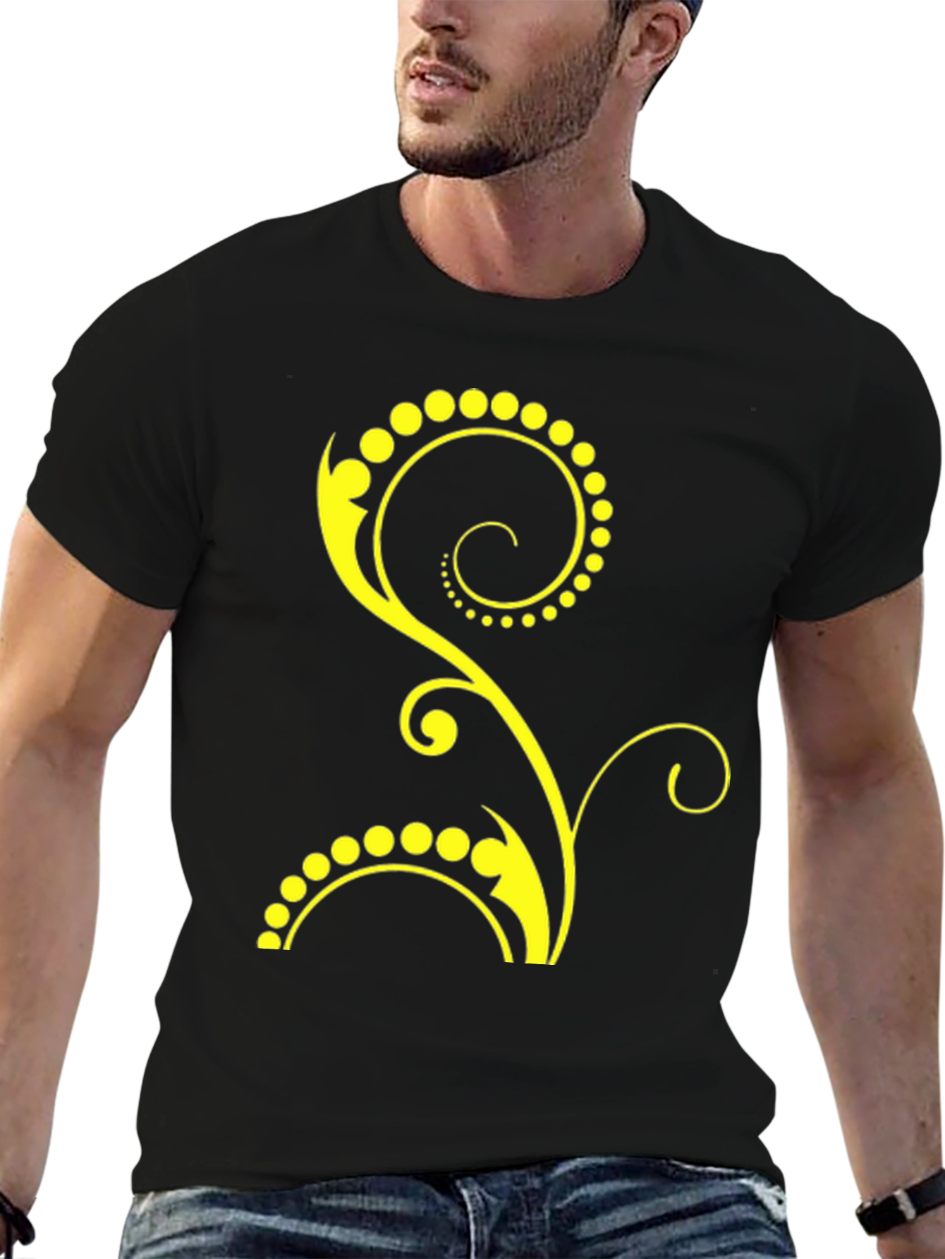 Stylish Black T-Shirt with Yellow Floral Design