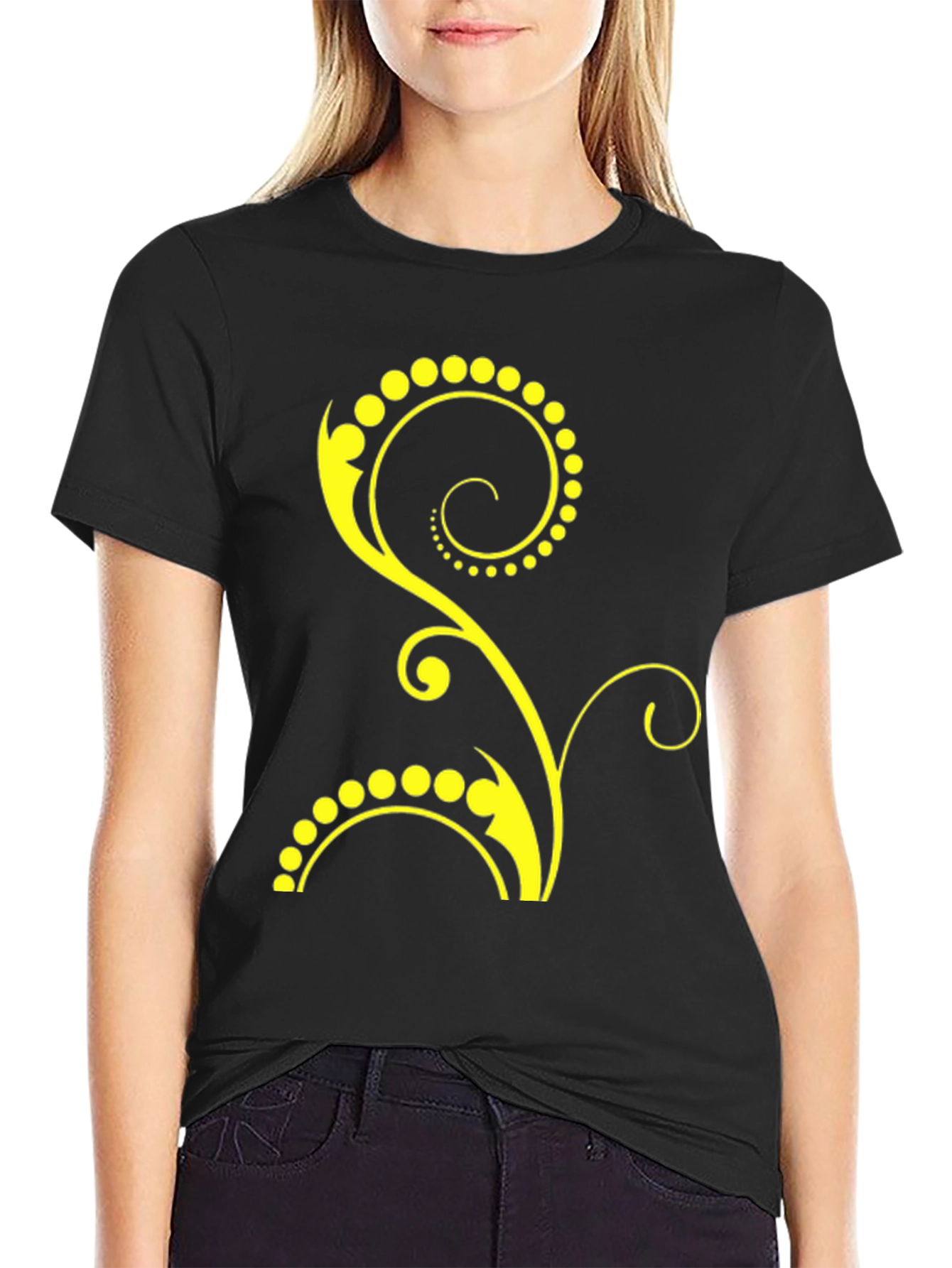 Stylish Black T-Shirt with Yellow Floral Design