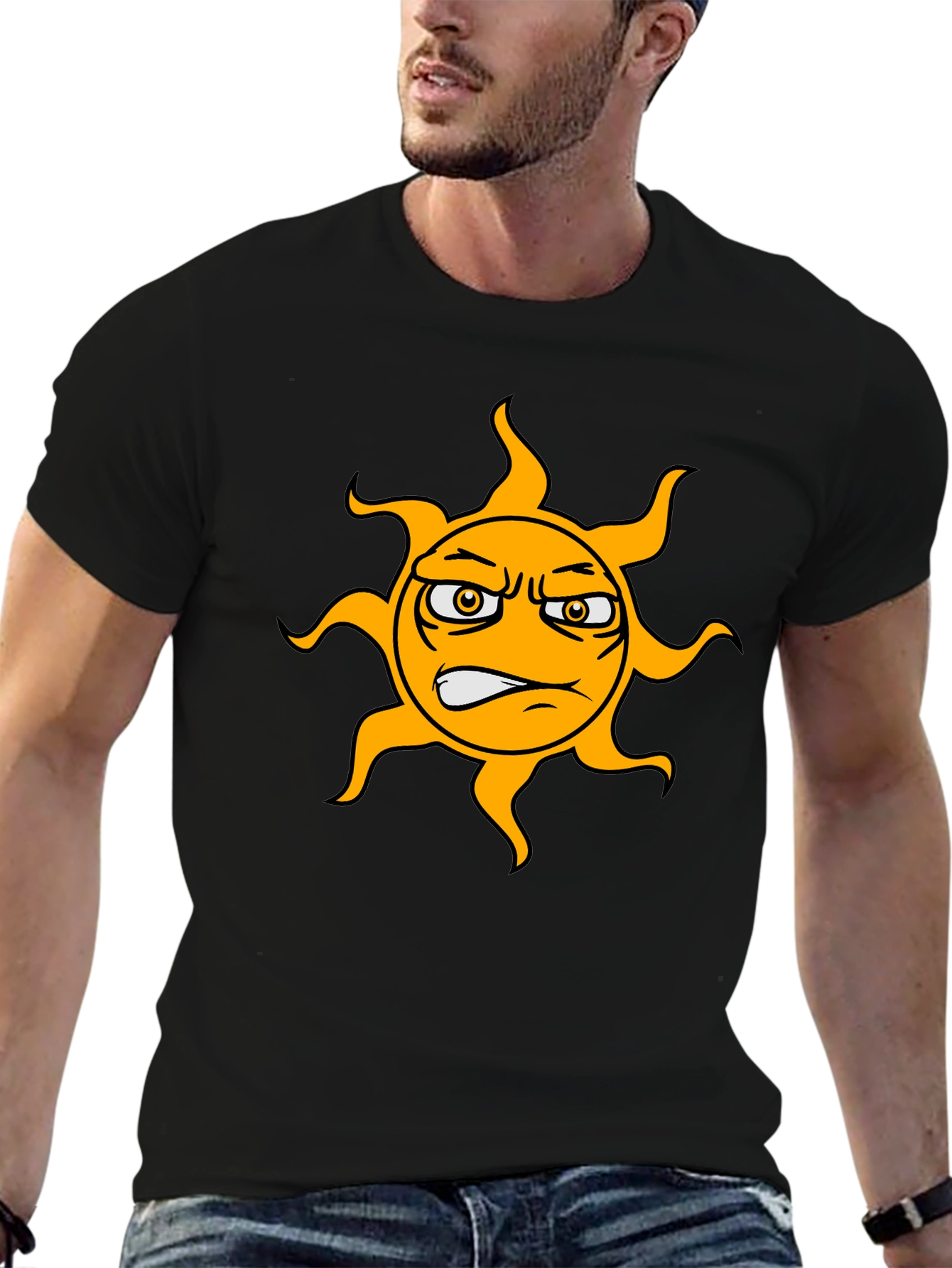 Grumpy Sun Graphic Tee - Black Cotton T-Shirt