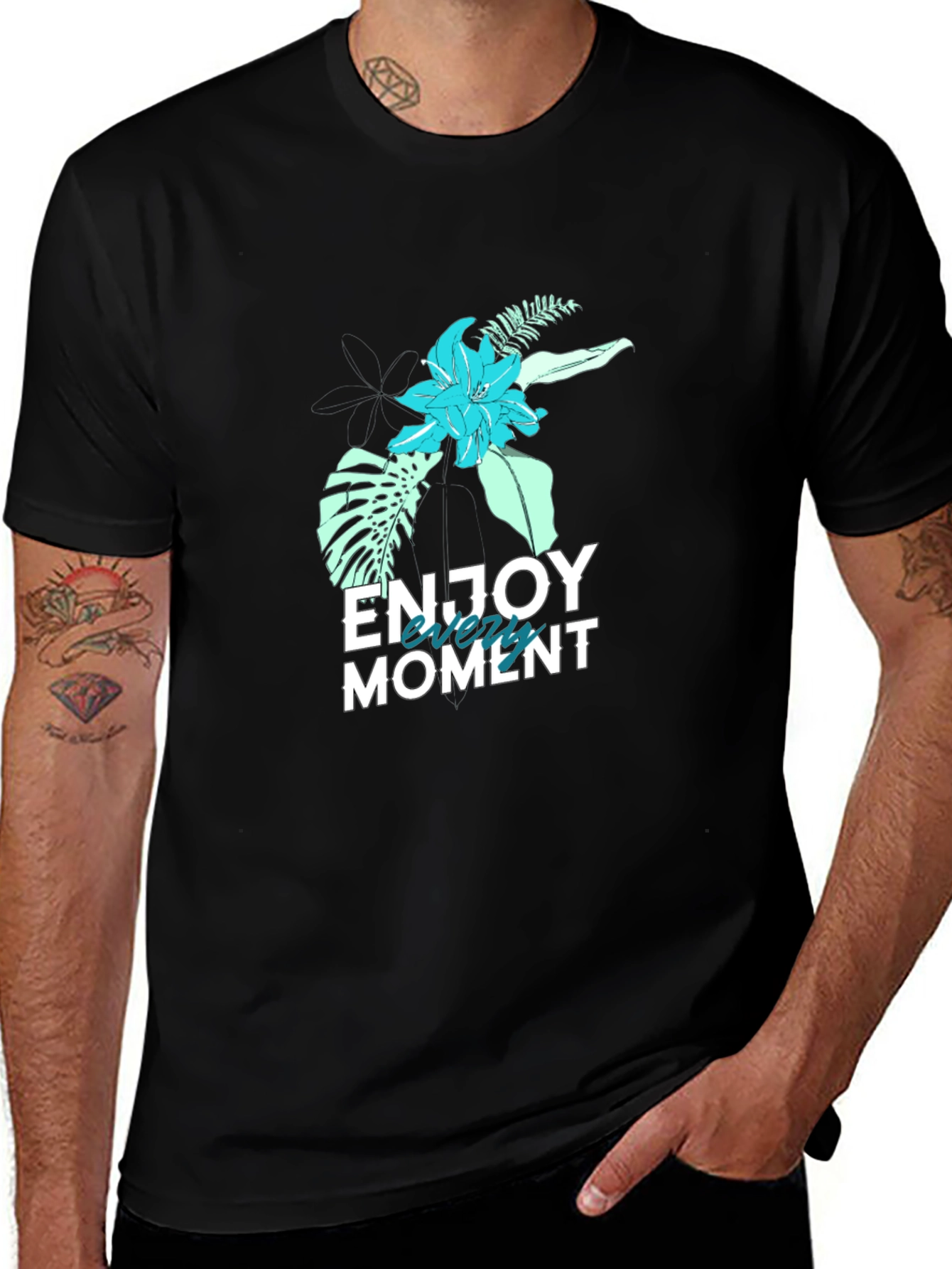 Mens Black Floral Enjoy the Moment Graphic Tee