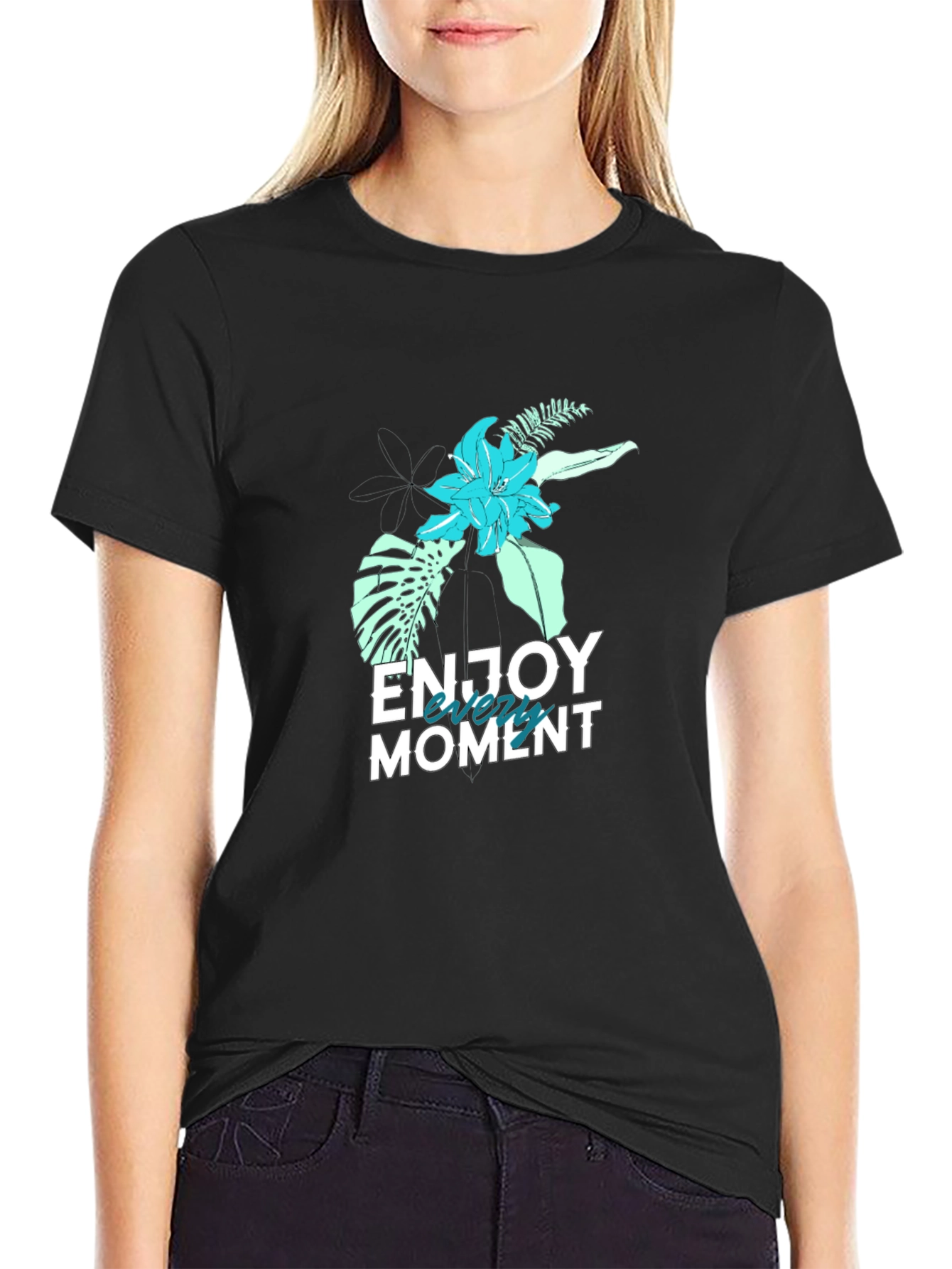 Mens Black Floral Enjoy the Moment Graphic Tee