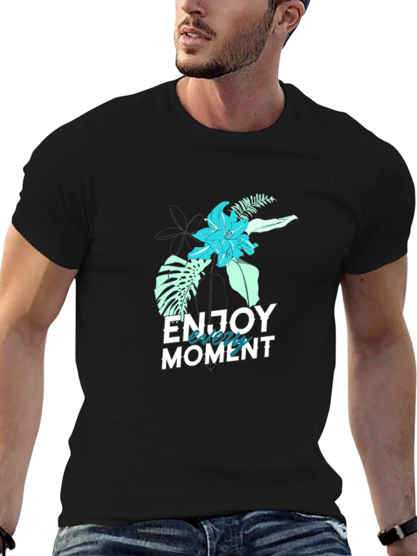 Mens Black Floral Enjoy the Moment Graphic Tee