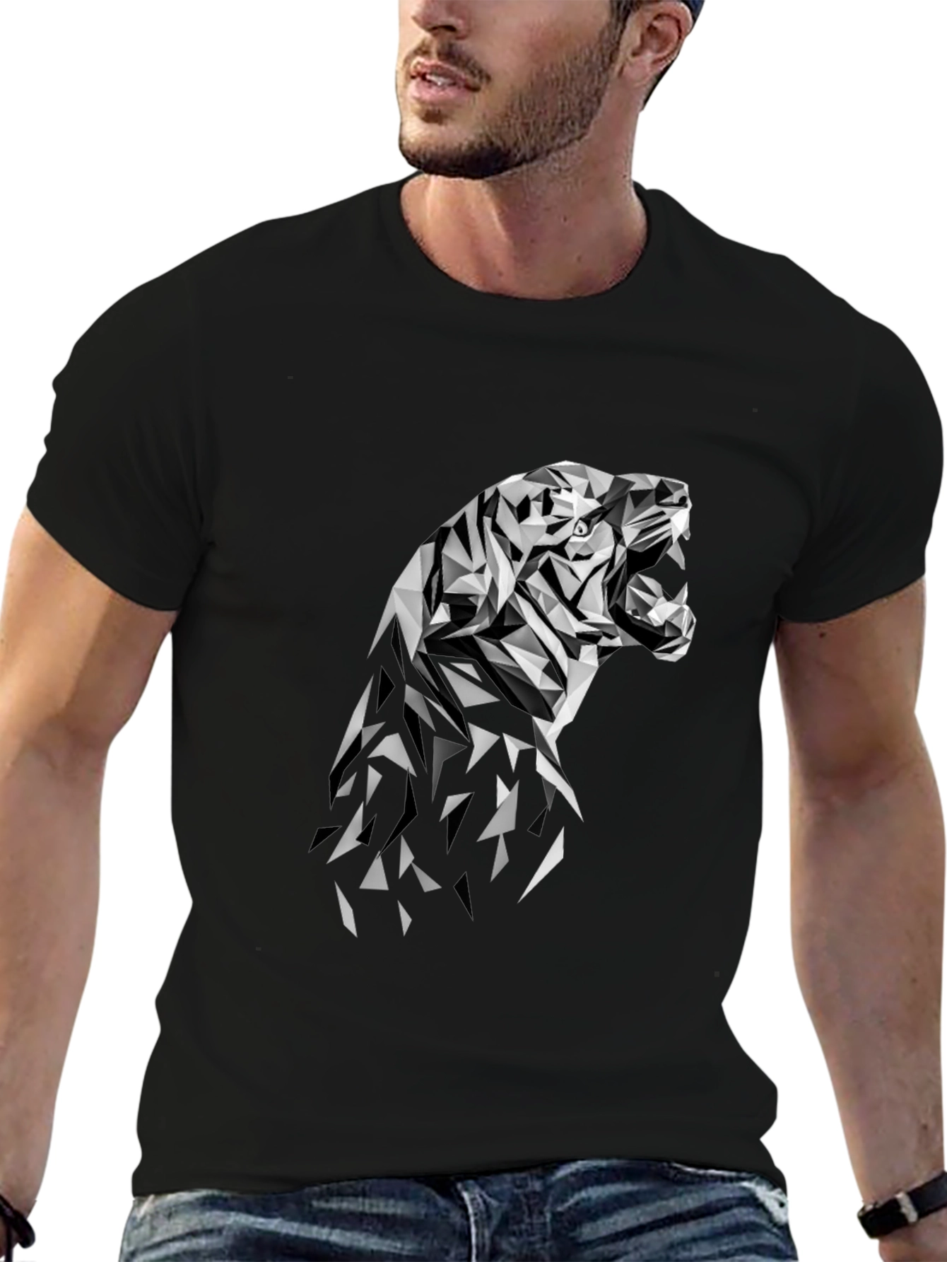 Geometric Tiger Graphic Tee - Modern Black T-Shirt