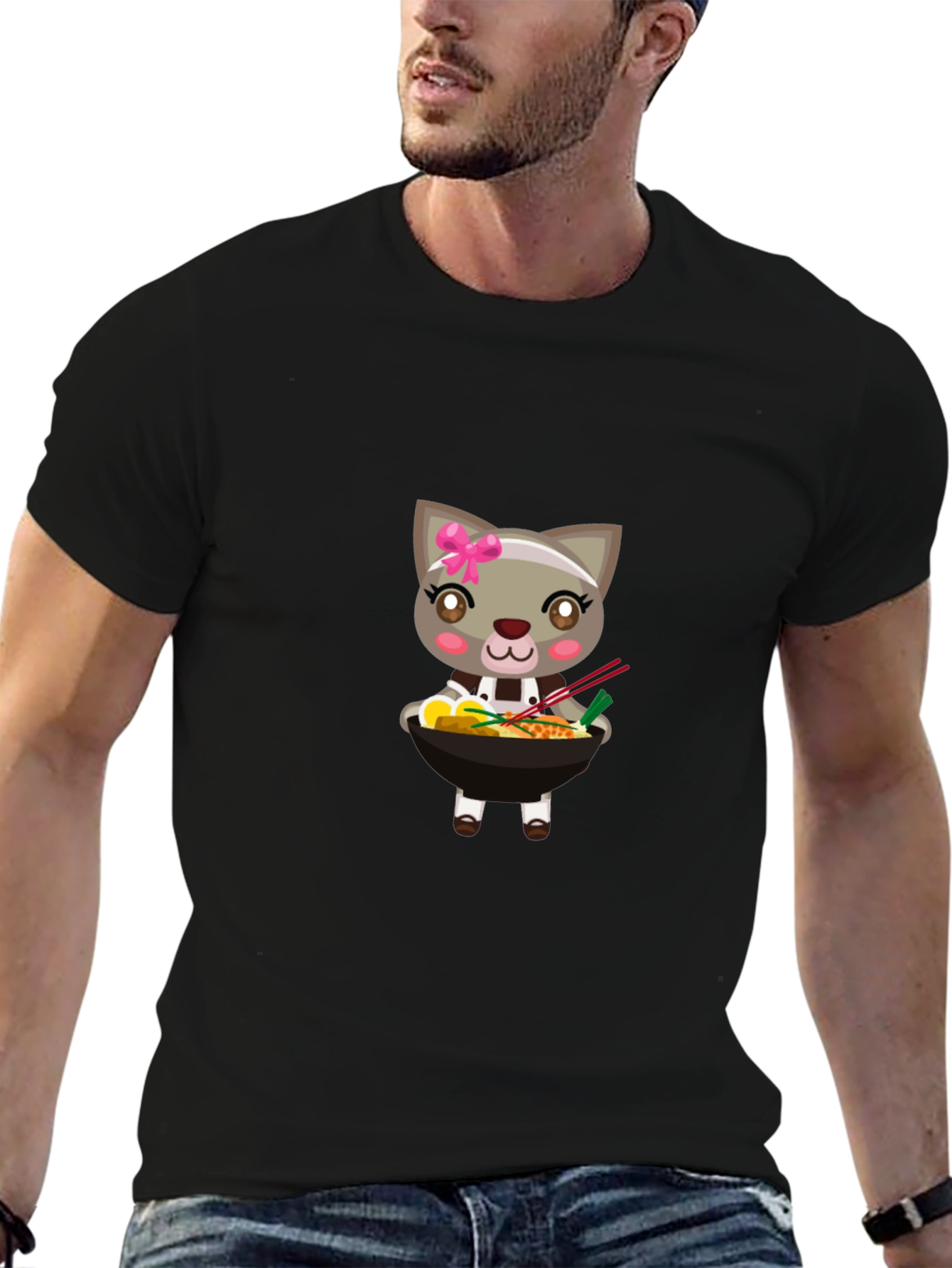 Cute Cat Ramen Bowl T-Shirt - Black