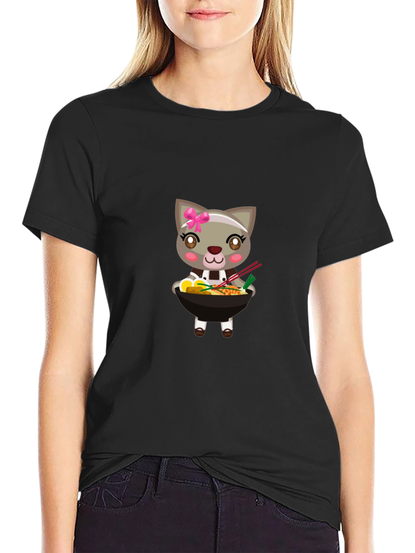 Cute Cat Ramen Bowl T-Shirt - Black