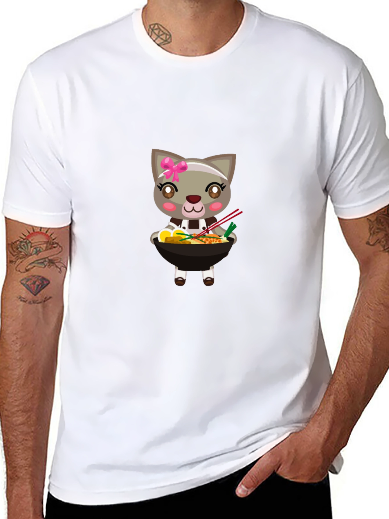 Cute Cat Ramen Bowl T-Shirt - Black