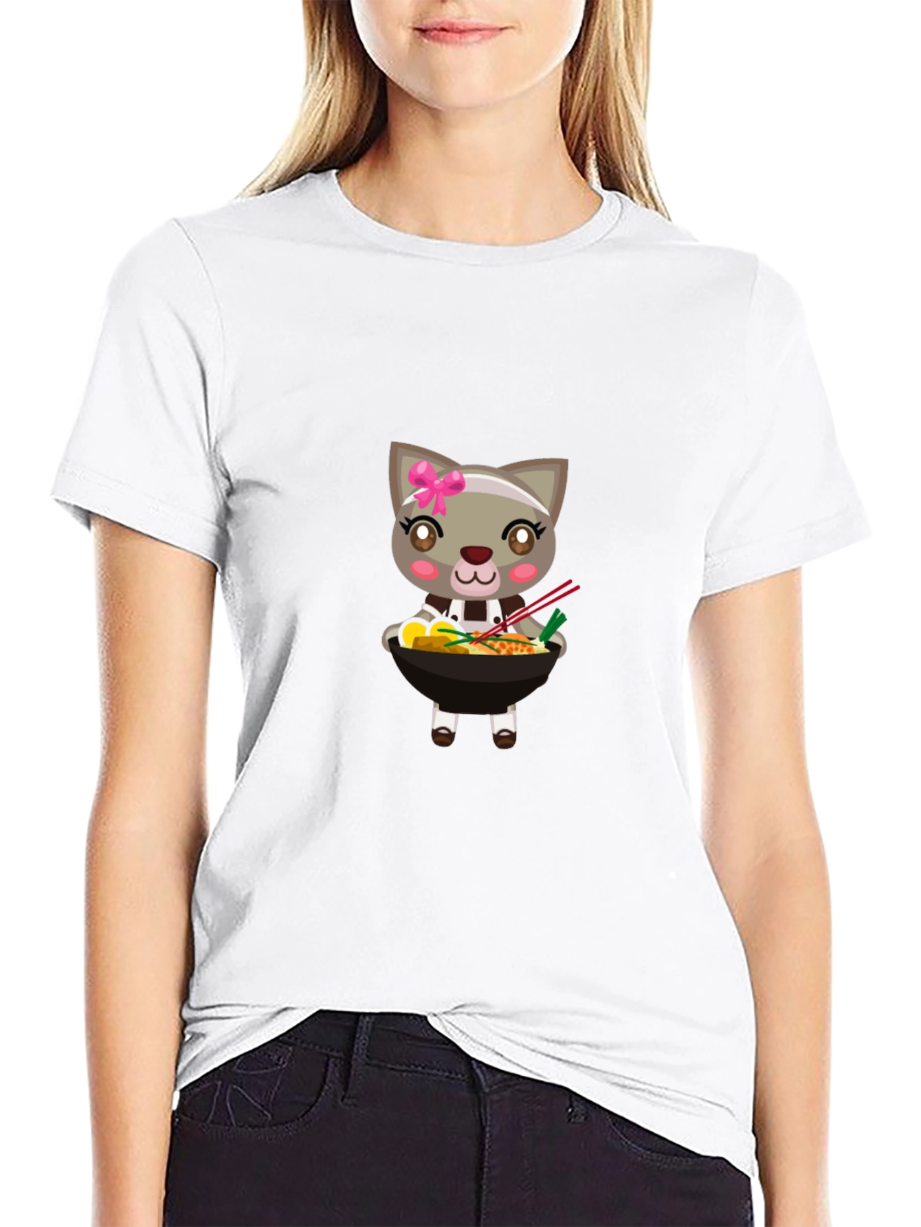Cute Cat Ramen Bowl T-Shirt - Black