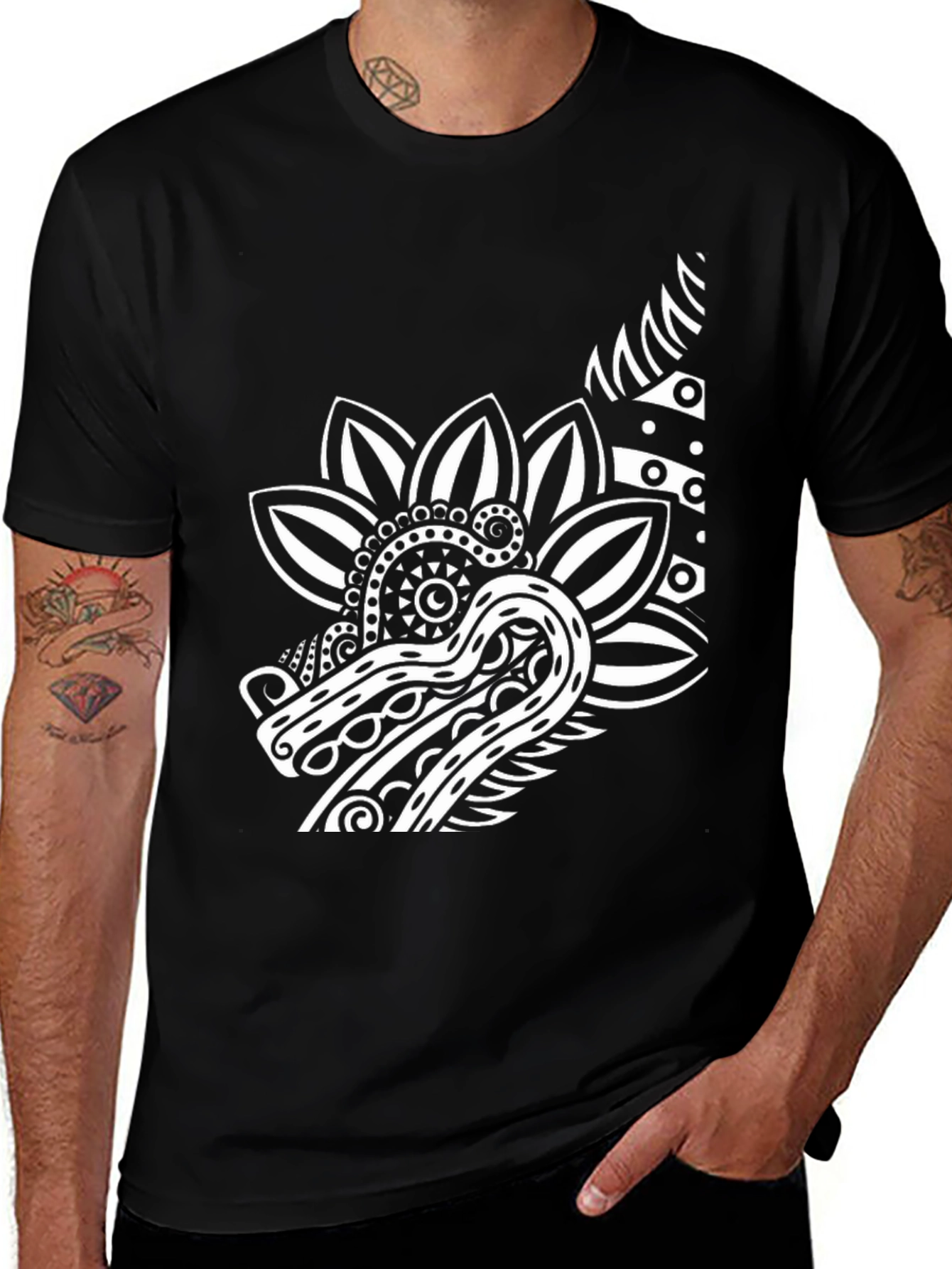 Black T-Shirt with Dragon Floral Graphic