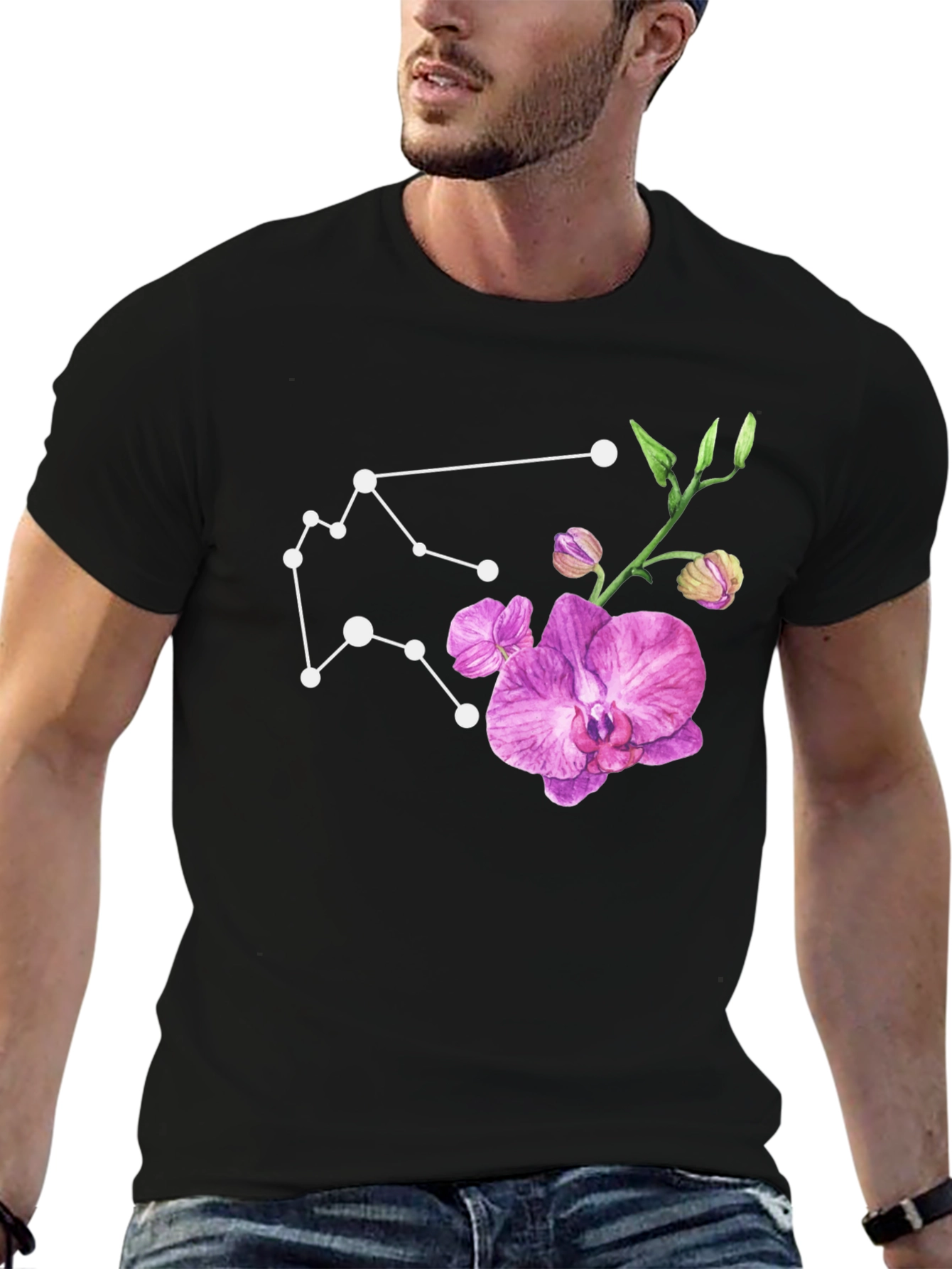Aquarius Constellation & Orchid Black T-Shirt