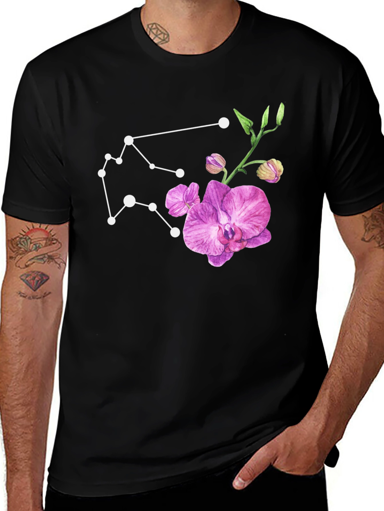 Aquarius Constellation & Orchid Black T-Shirt
