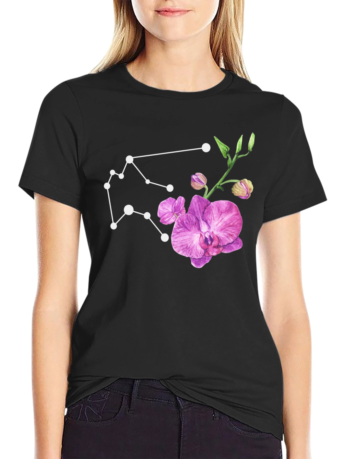 Aquarius Constellation & Orchid Black T-Shirt